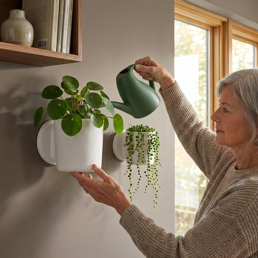 Raw Wall Planters Bundle in white, featuring a woman watering plants in stylish wall-mounted pots.