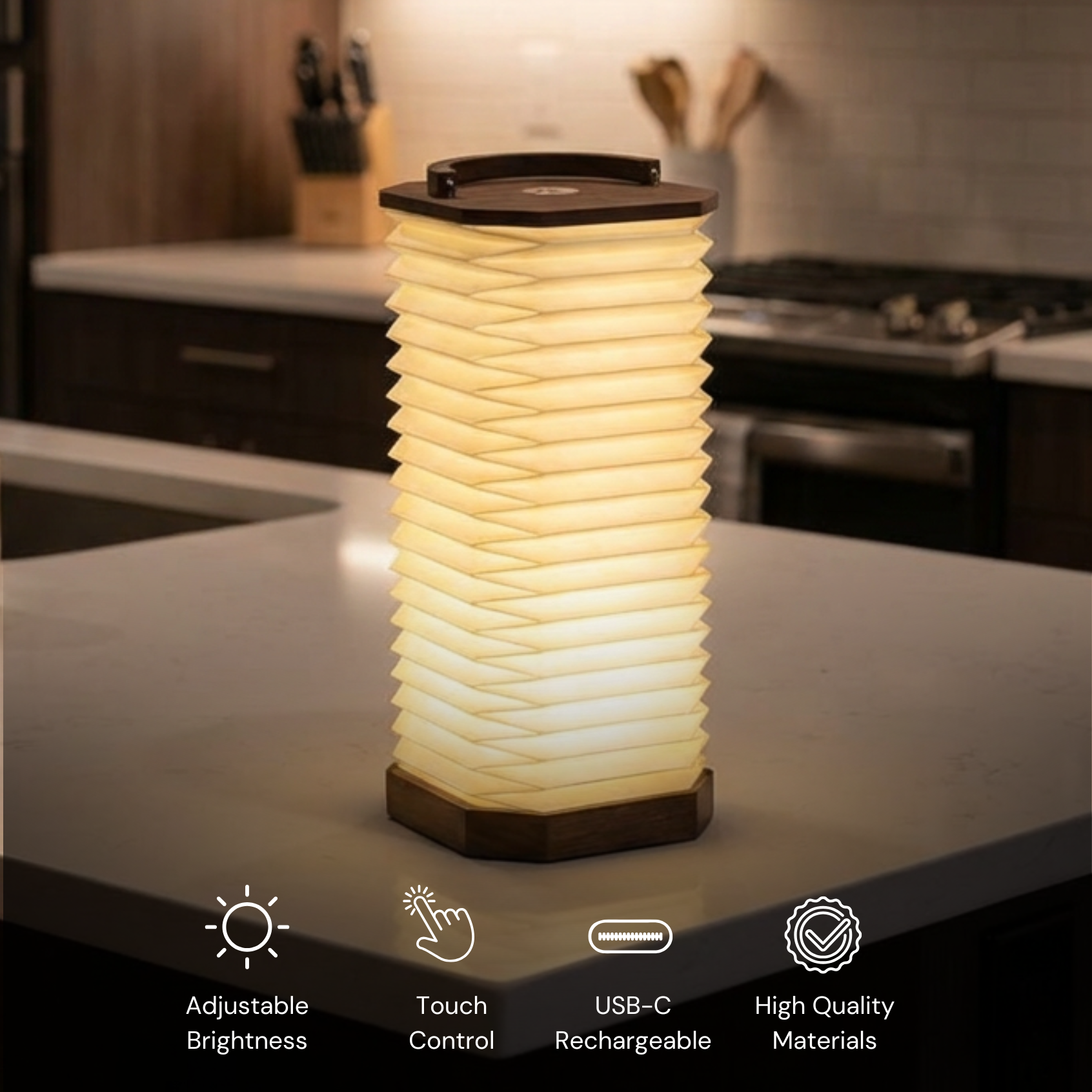 Armonica Table Lamp with a soft glow, featuring a textured design and a handle for easy portability.