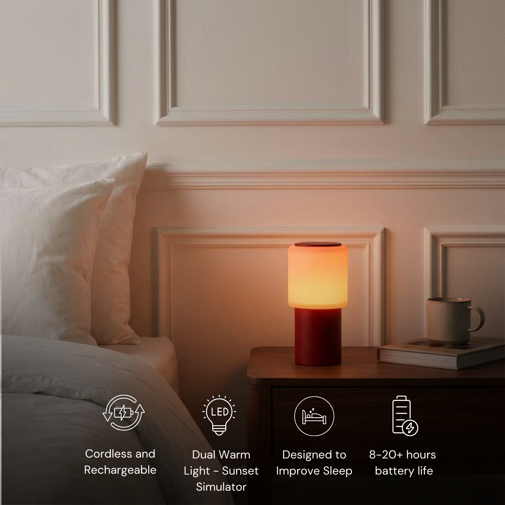 Sole Mio Table Lamp in red matte and yellow-brown, creating a warm sunset ambiance in a cozy bedroom setting.