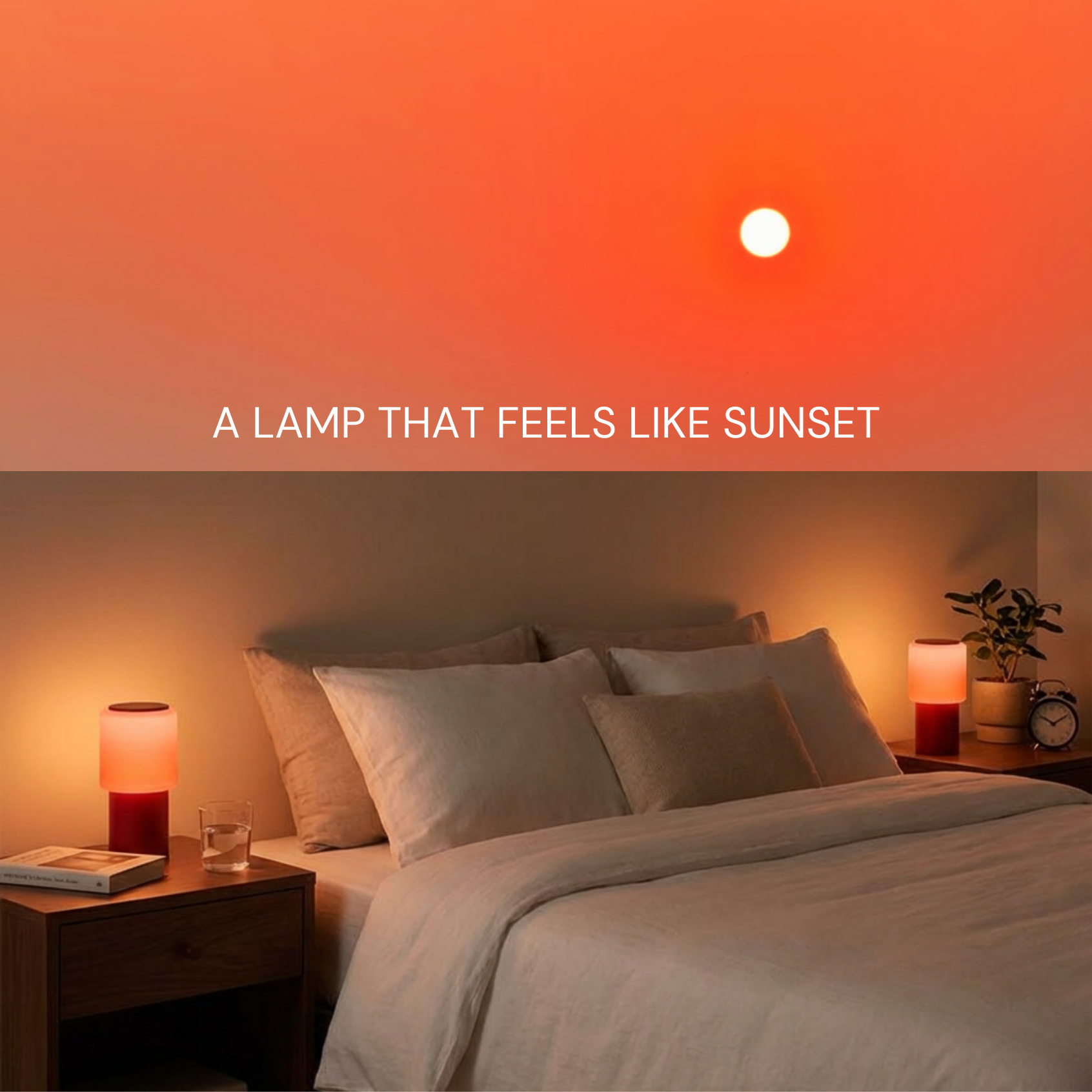 Sole Mio Table Lamp in red matte and yellow-brown, creating a warm sunset ambiance in a cozy bedroom setting.