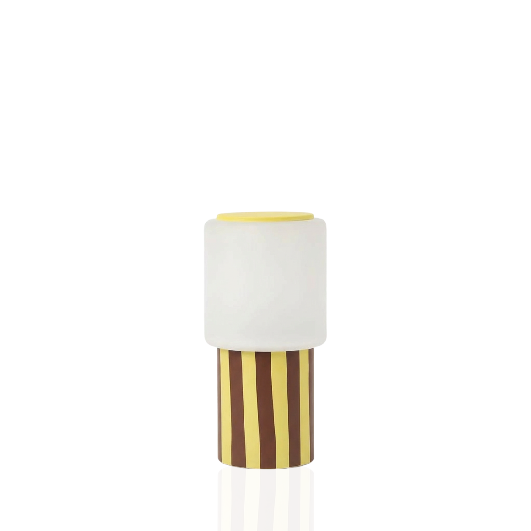 Sole Mio Table Lamp with soft glow frosted shade and premium textured metal in yellow-brown stripes.