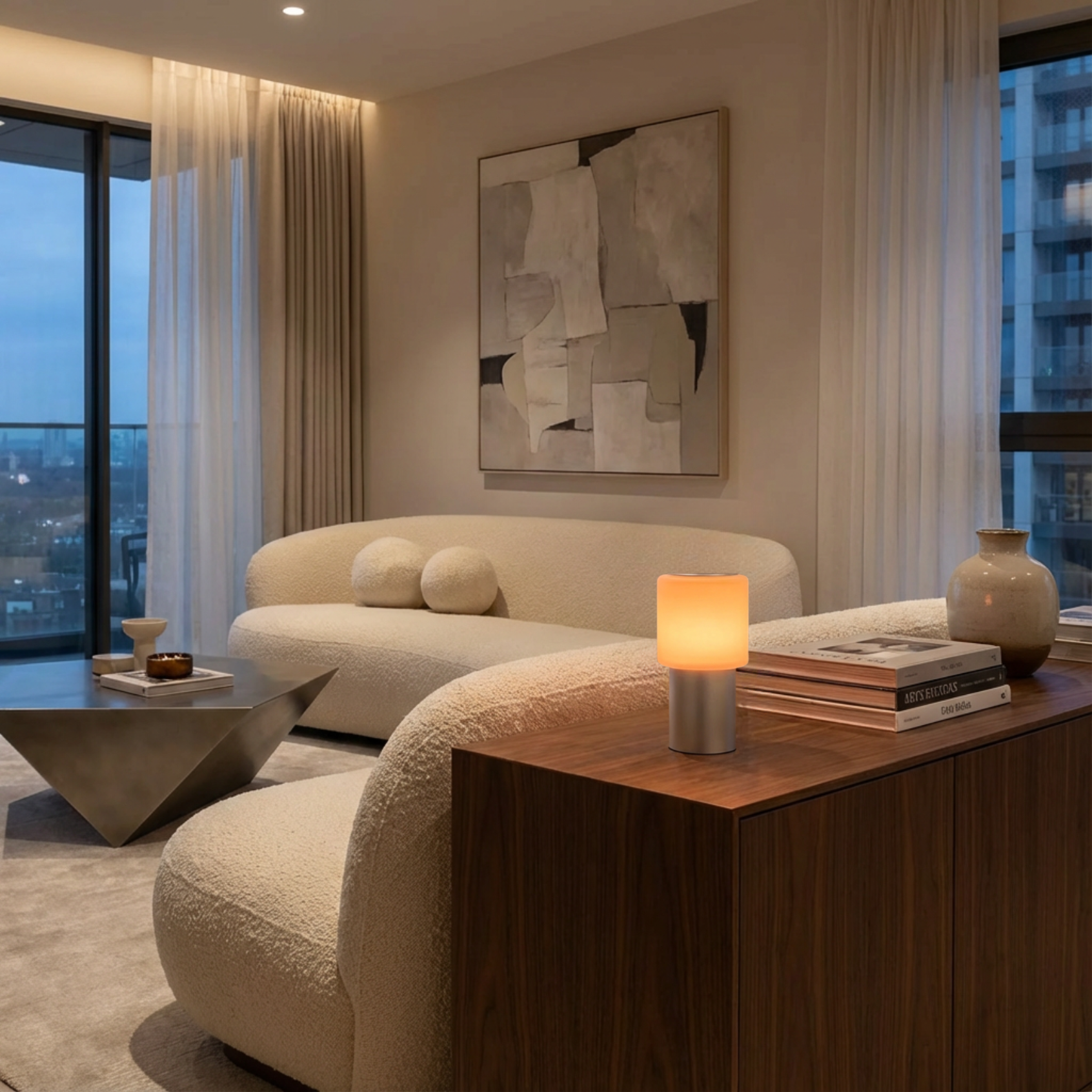 Sole Mio Table Lamp with a silver base and warm glowing shade, placed on a wooden side table in a modern living room.