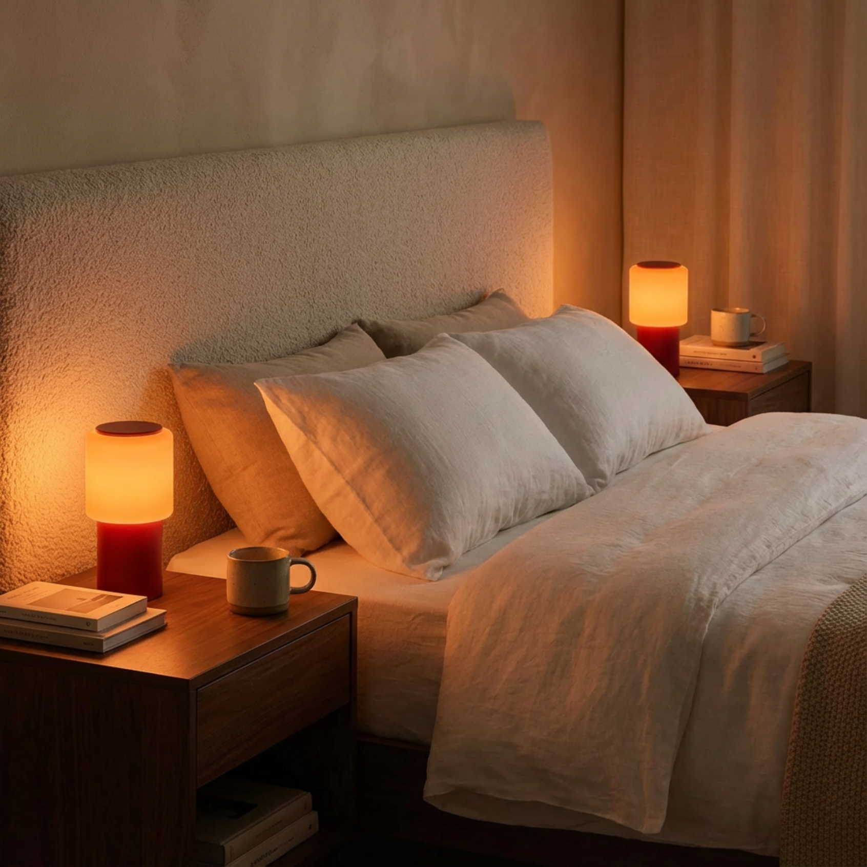 Sole Mio Table Lamp in red matte, illuminating a cozy bedroom with soft lighting.