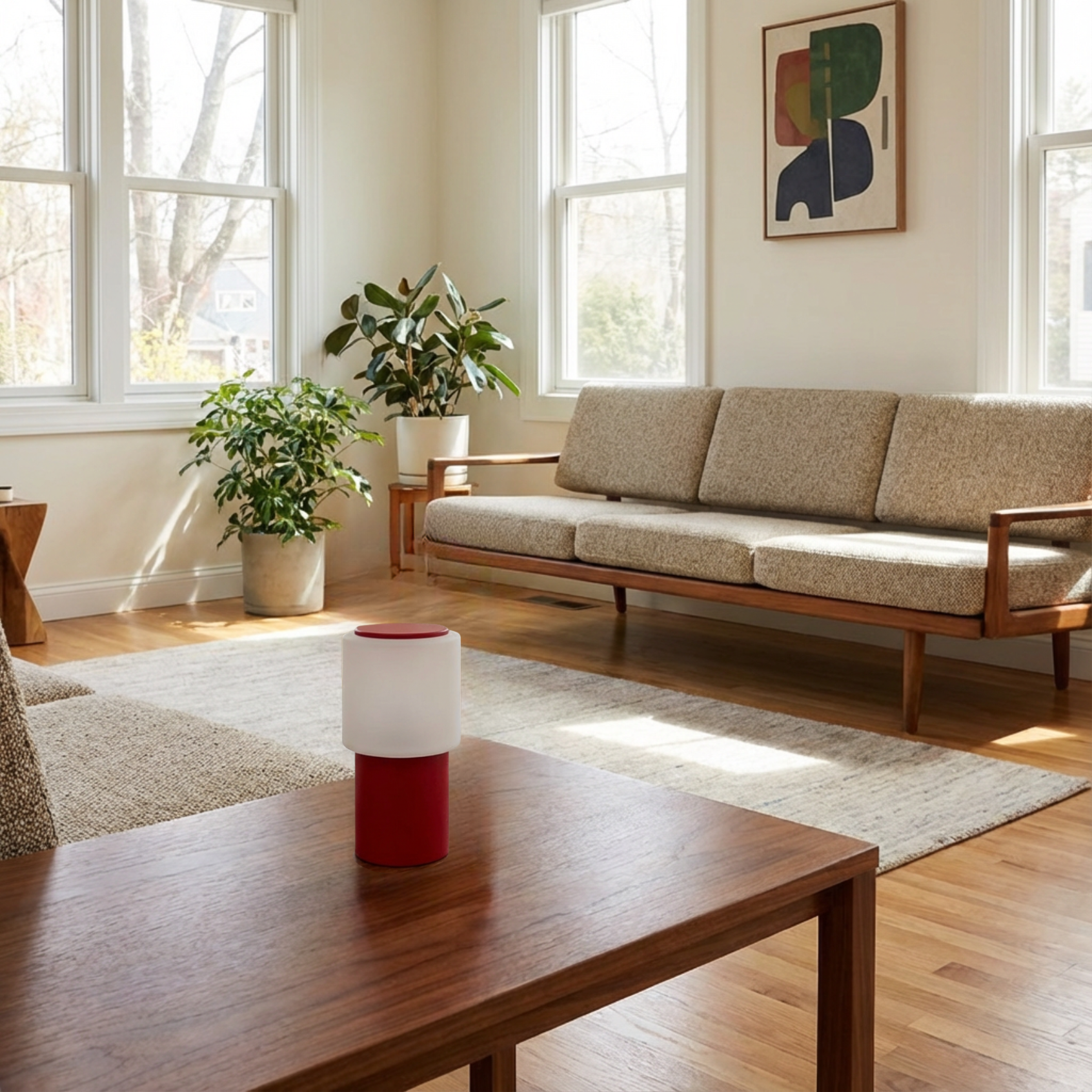 Sole Mio Table Lamp with soft glow frosted shade and premium textured metal in red.