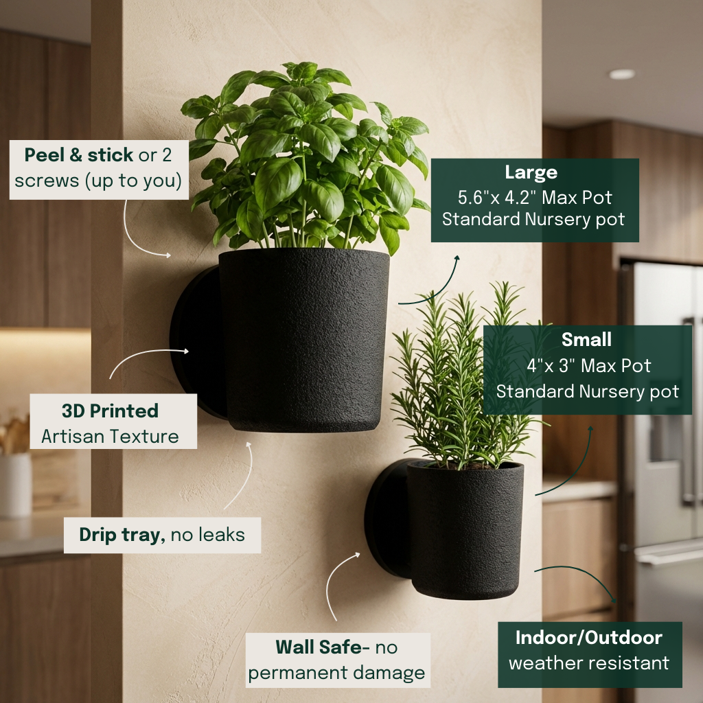 Raw Wall Planters Bundle in black, includes small and large pots for indoor/outdoor use, weather resistant.