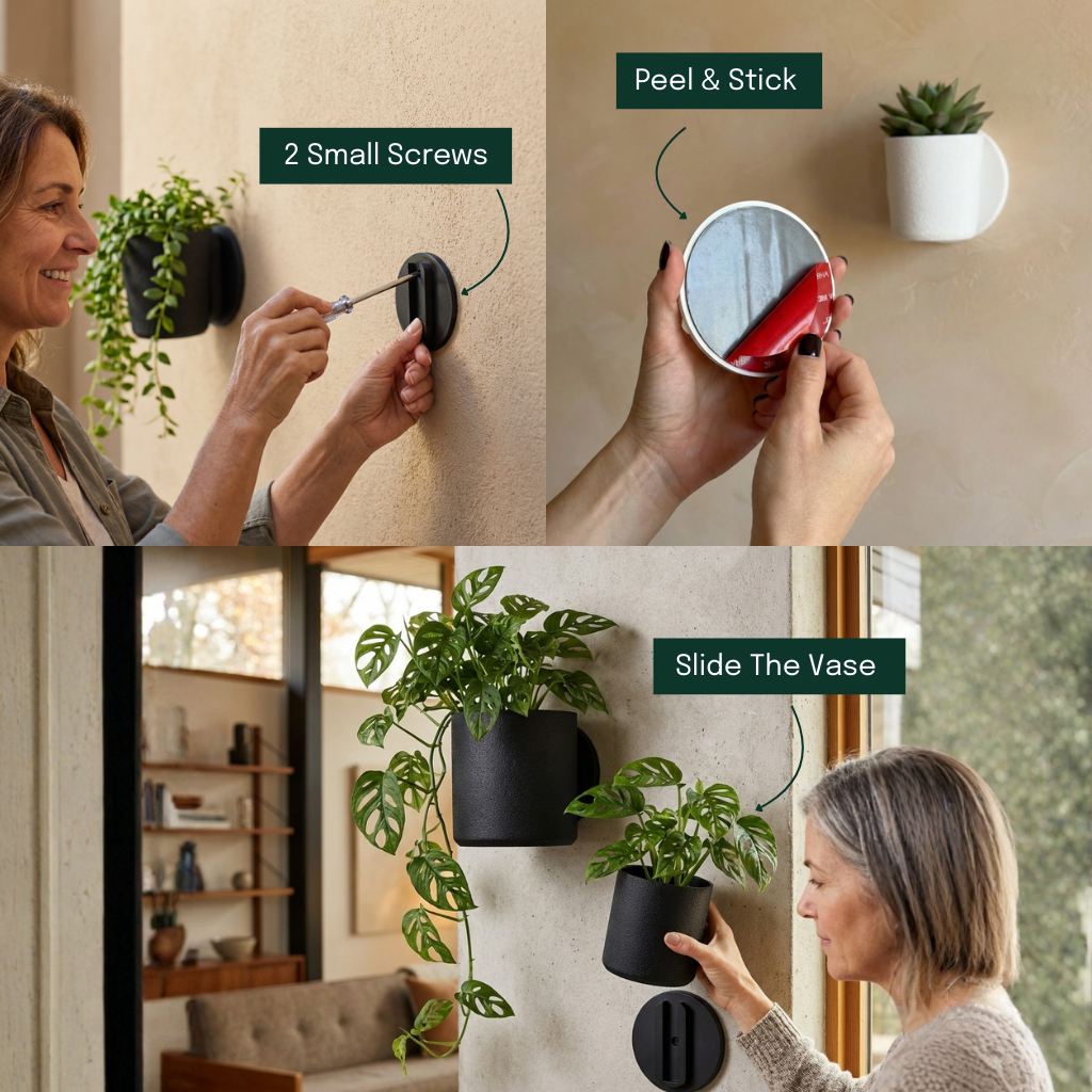 Raw Wall Planters Bundle in black, featuring easy peel-and-stick installation and two sizes for versatile decor.