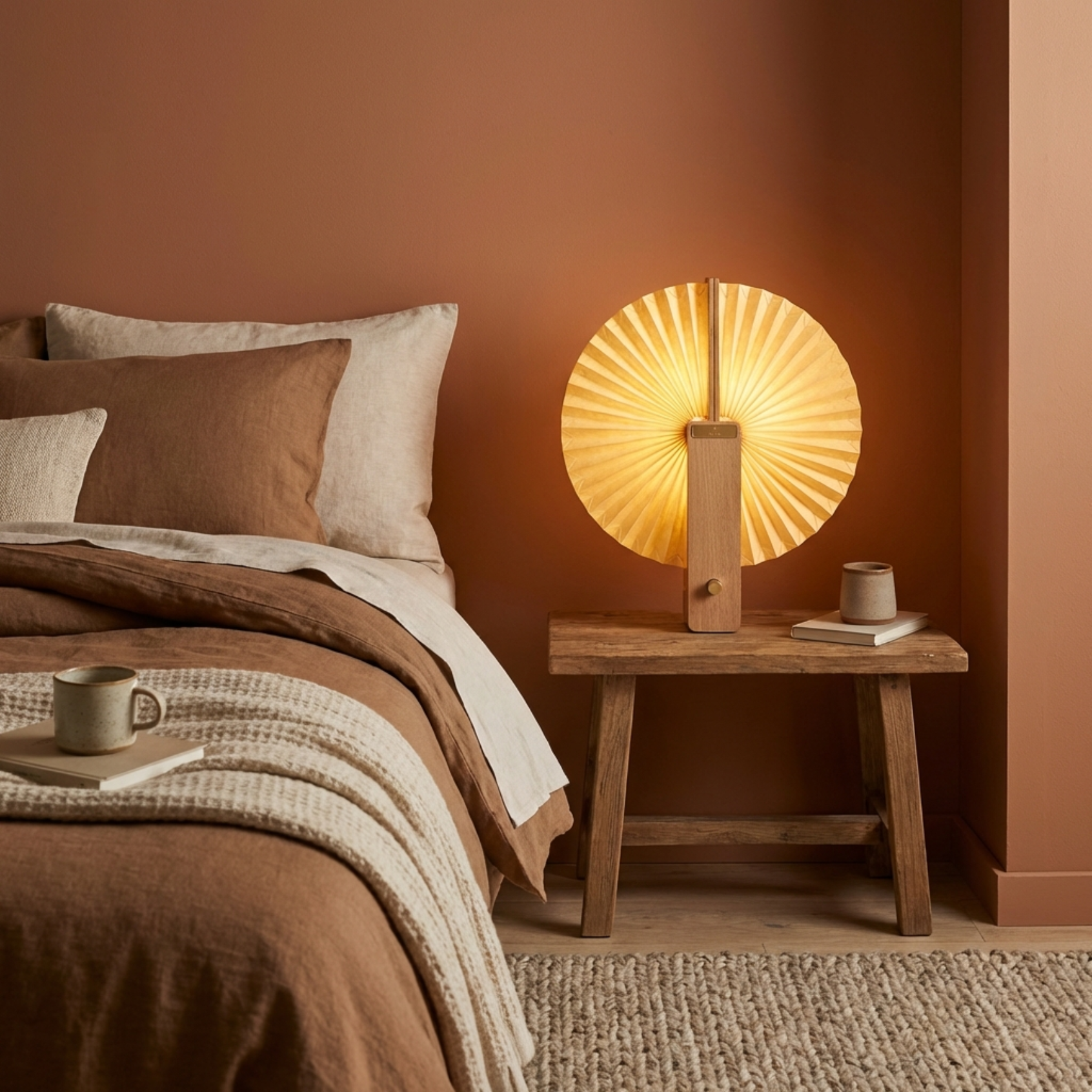 Flora Table Lamp with a warm glow, placed on a wooden side table in a cozy, earthy-toned bedroom setting.
