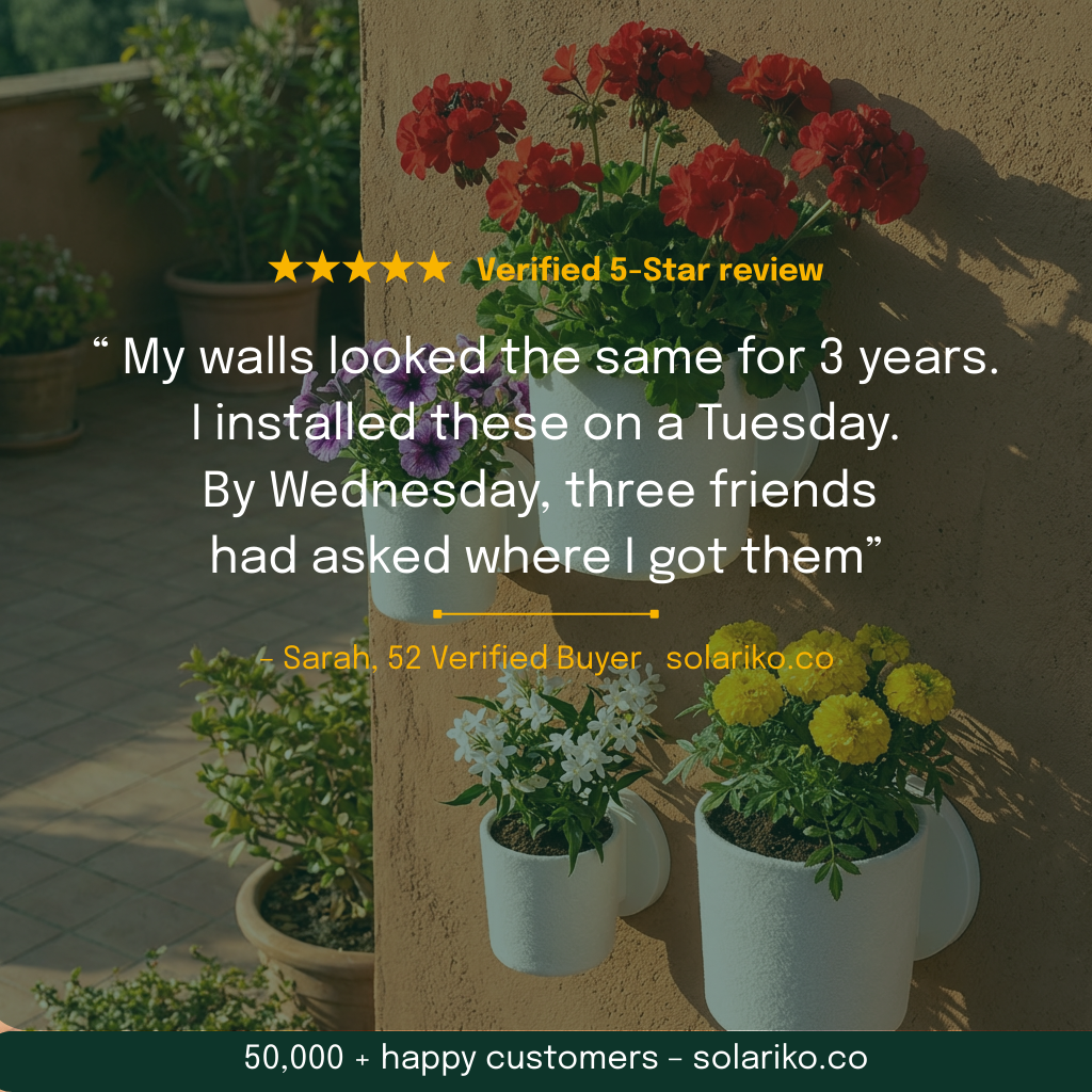 Raw Wall Planters Bundle in white on a customer terrace with her review.