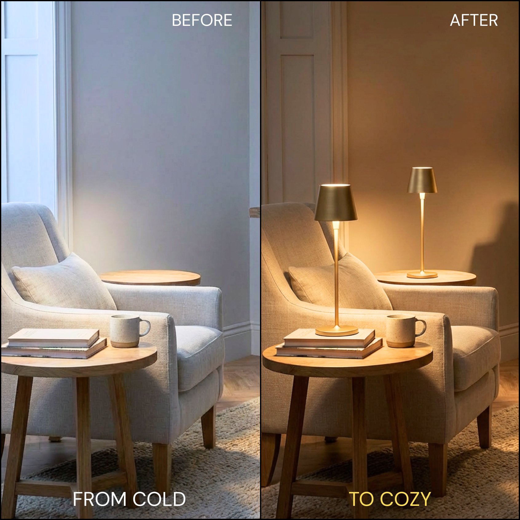 Selene Table Lamp in champagne gold, illuminating a cozy seating area with warm light.