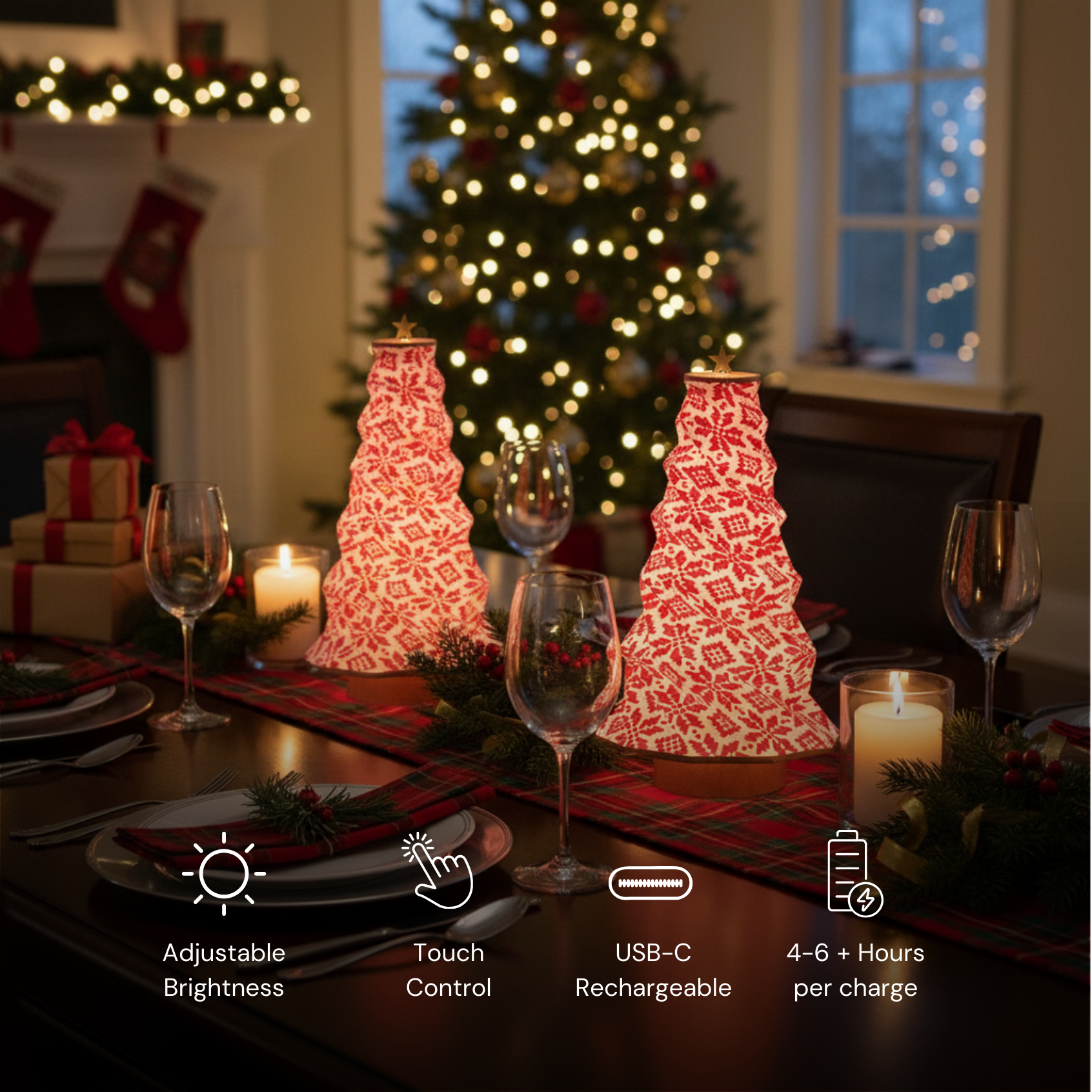 Foldable Tree Lamp in red with festive design, adjustable brightness, touch control, USB-C rechargeable.