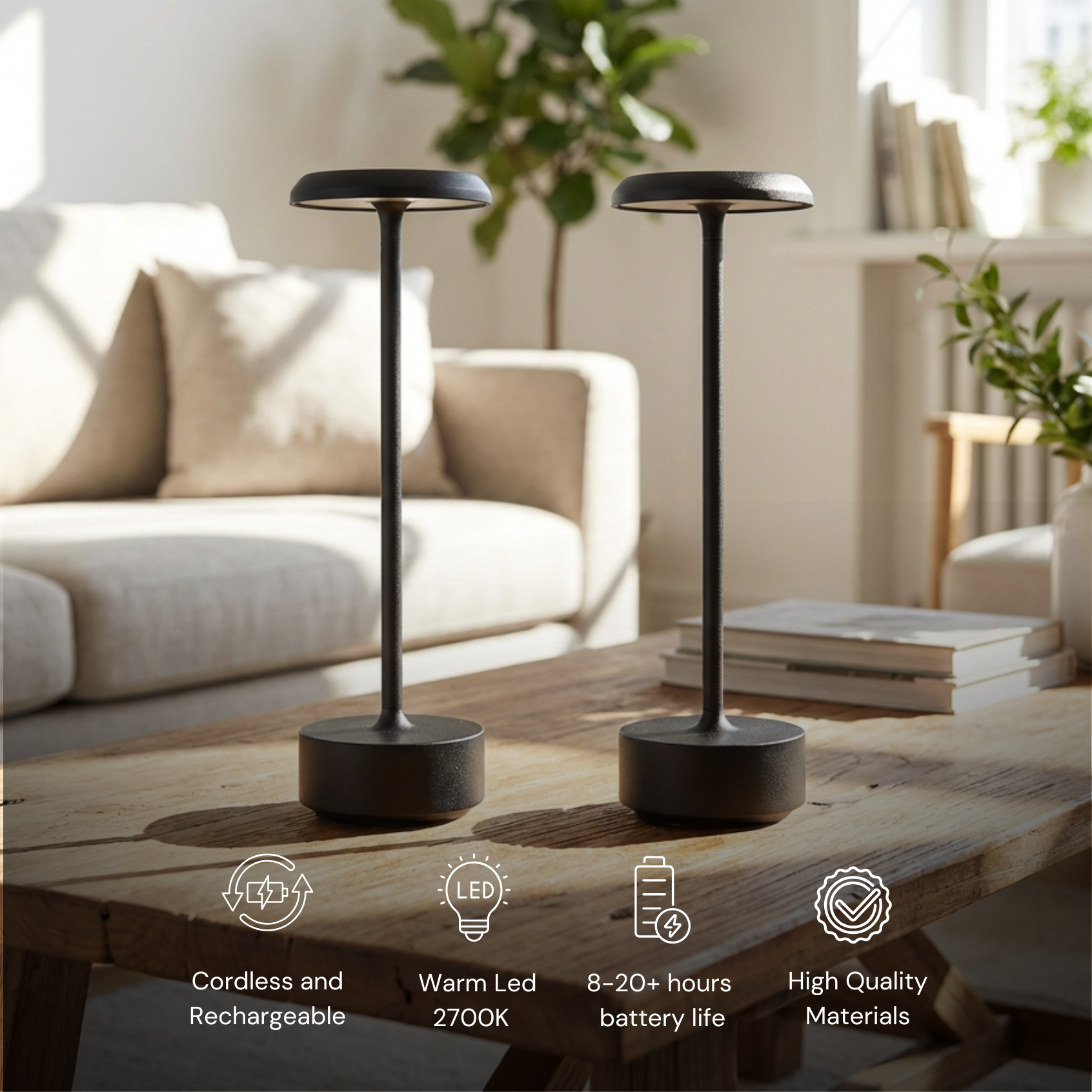 Helia Table Lamp in black with warm LED light, cordless and rechargeable, featuring high-quality materials.