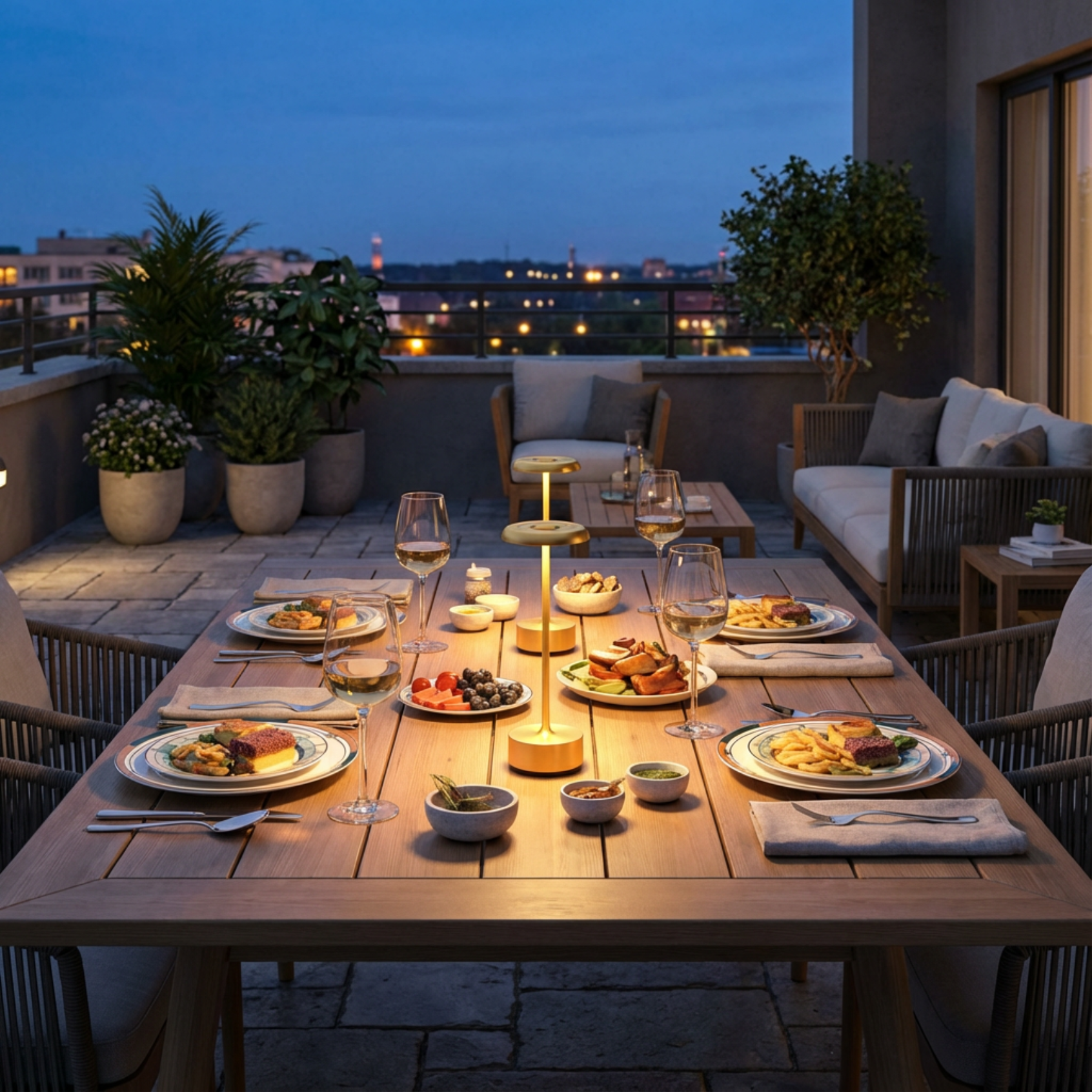 Helia Table Lamp in brushed gold illuminating a stylish outdoor dining setup at dusk.