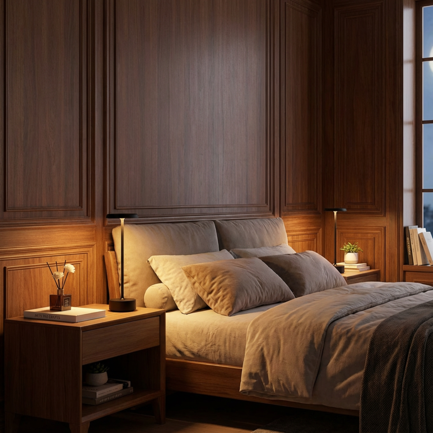 Helia Table Lamp in brushed gold, illuminating a cozy bedroom with soft lighting.