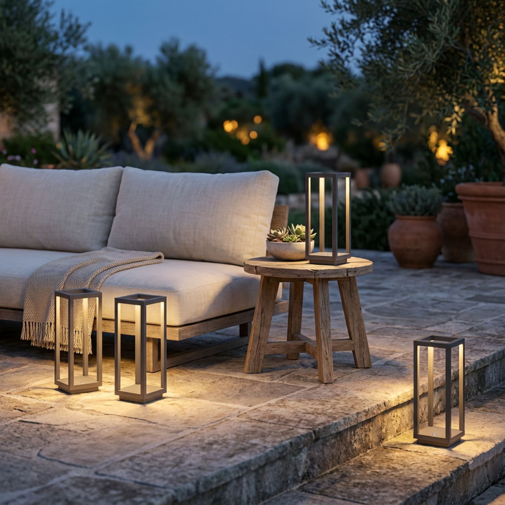 Lucerna Table Lamp in dark grey matte, illuminating a cozy outdoor seating area with plants and soft lighting.