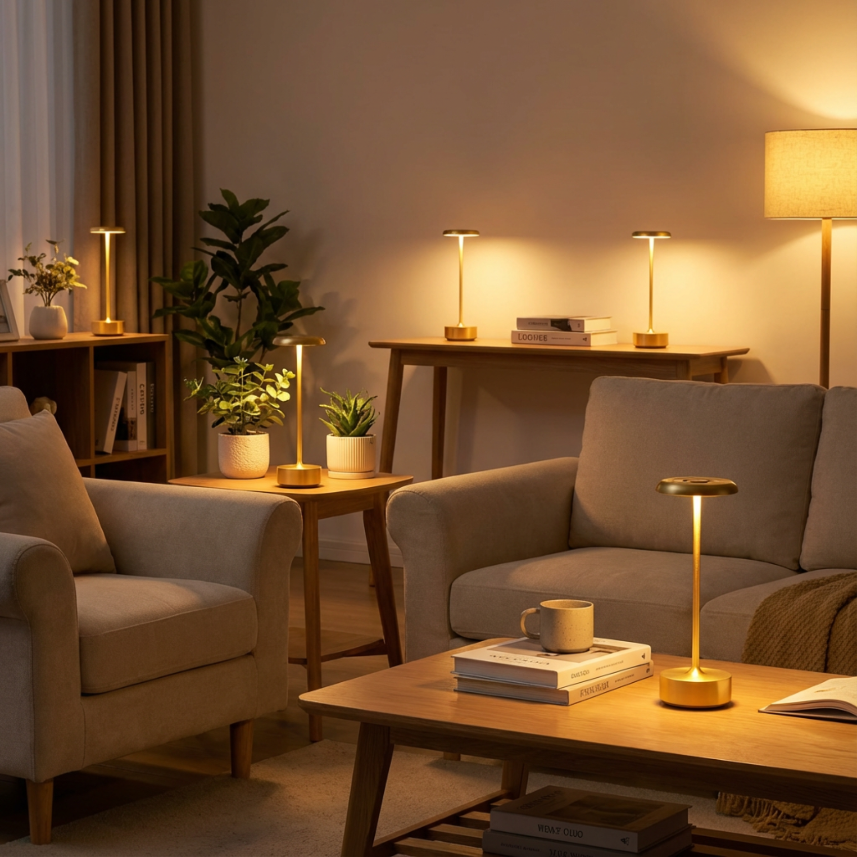 Helia Table Lamp in brushed gold, illuminating a cozy living room with soft lighting and stylish decor.