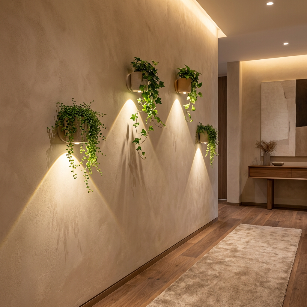 Wall planters with light showcasing greenery on a textured wall, creating a warm and inviting atmosphere.