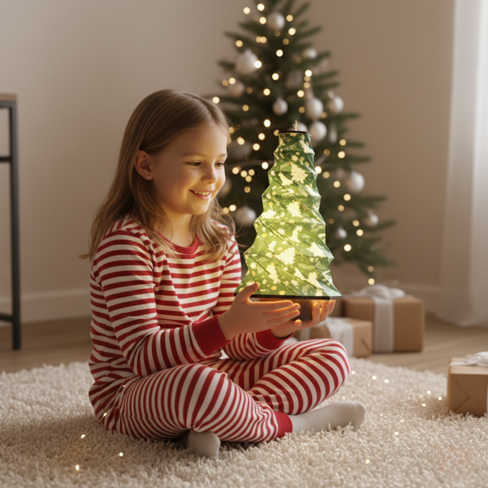Foldable Tree Lamp in green, featuring lights, held by a smiling child in festive pajamas.