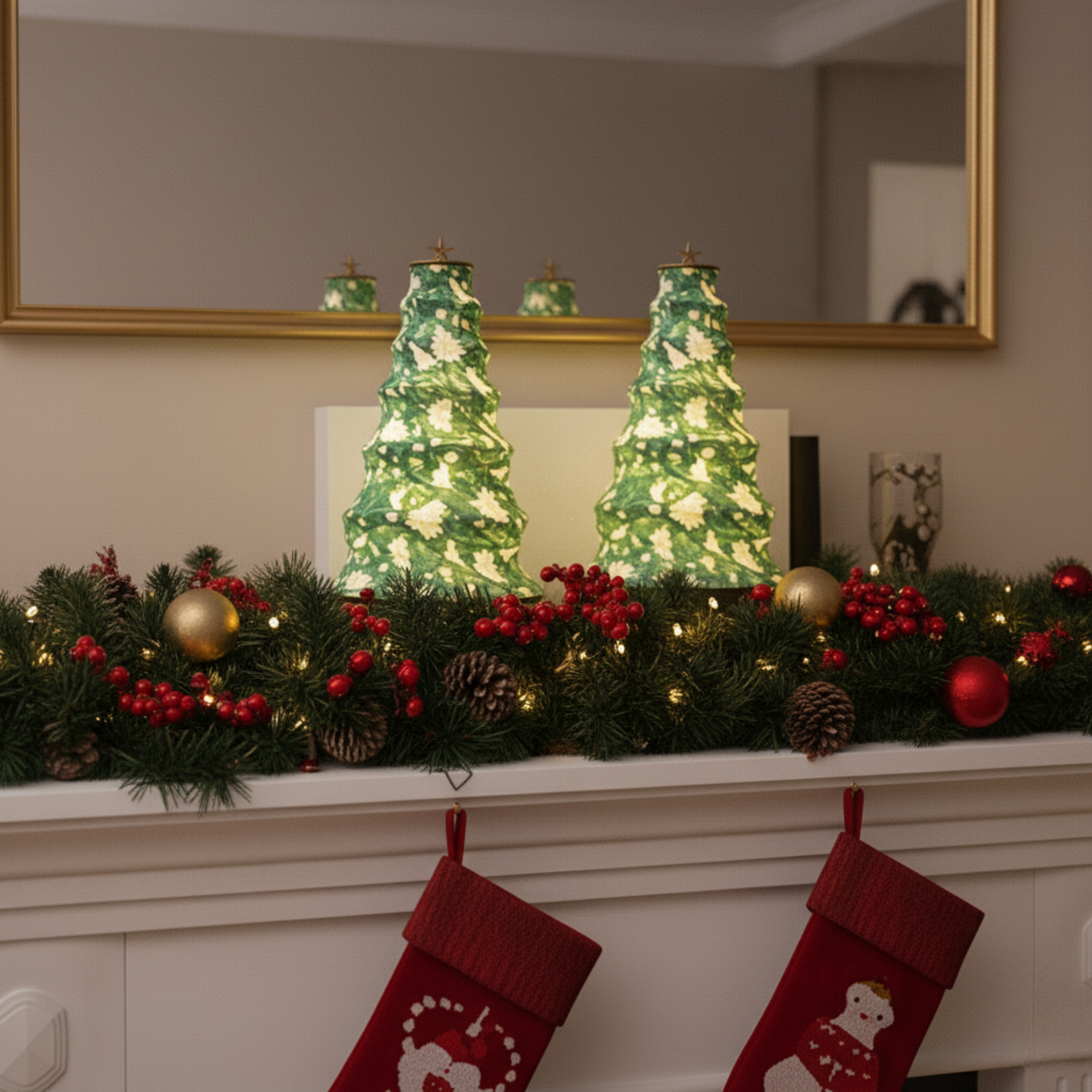 Foldable Tree Lamp in green with lights, placed on a mantel decorated with garland and stockings.