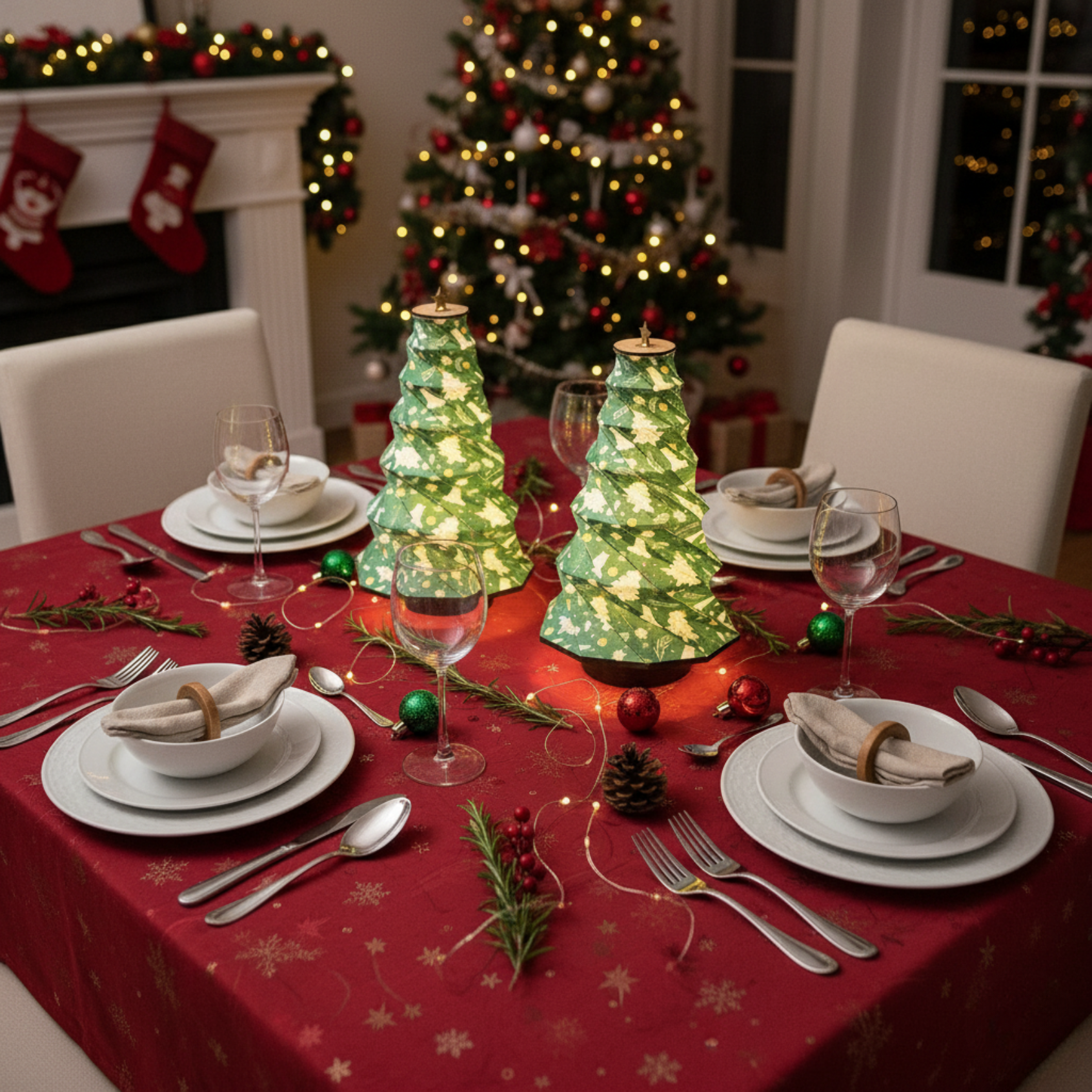 Foldable Tree Lamp in green, features 7 LED colors, cordless and rechargeable, perfect for festive table decor.