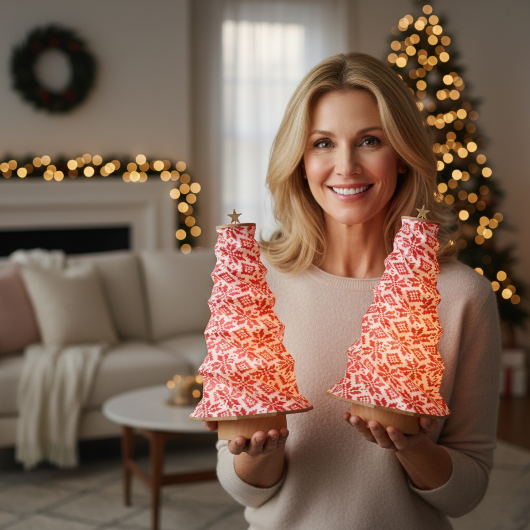 Foldable Tree Lamp in red pattern held by a woman.