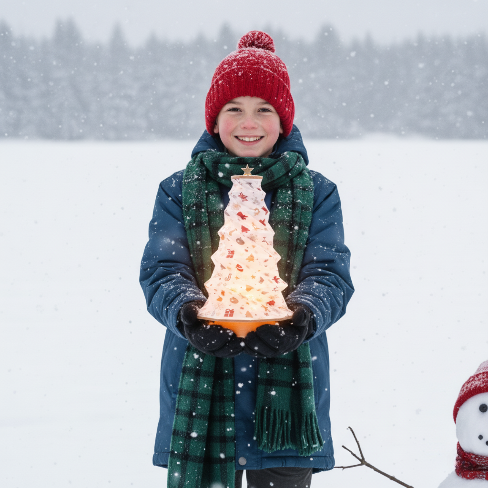 Foldable Tree Lamp held by a child in winter attire, surrounded by snow and a snowman.