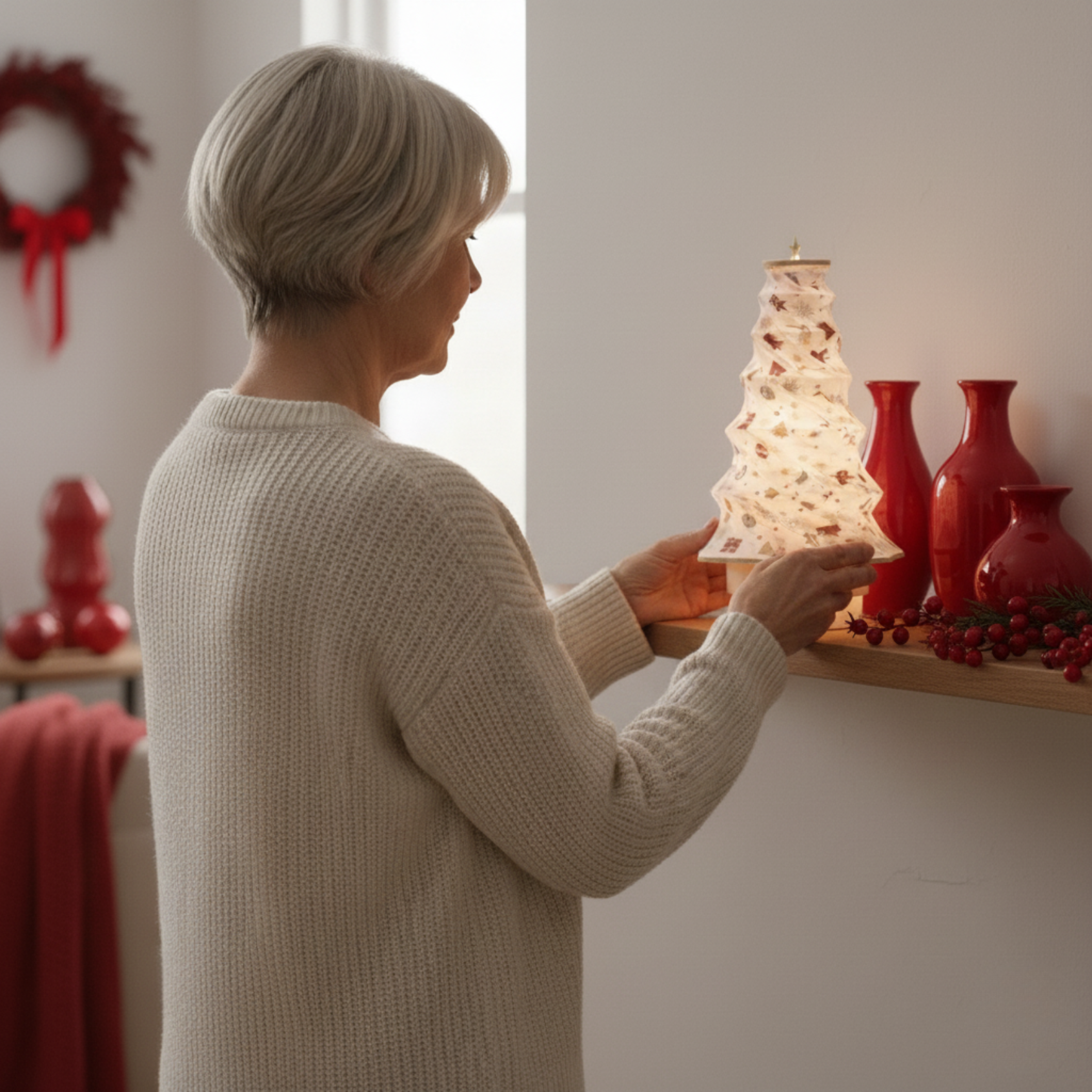 NEW Foldable Tree Lamp in a cozy setting, featuring a unique design with festive decorations.
