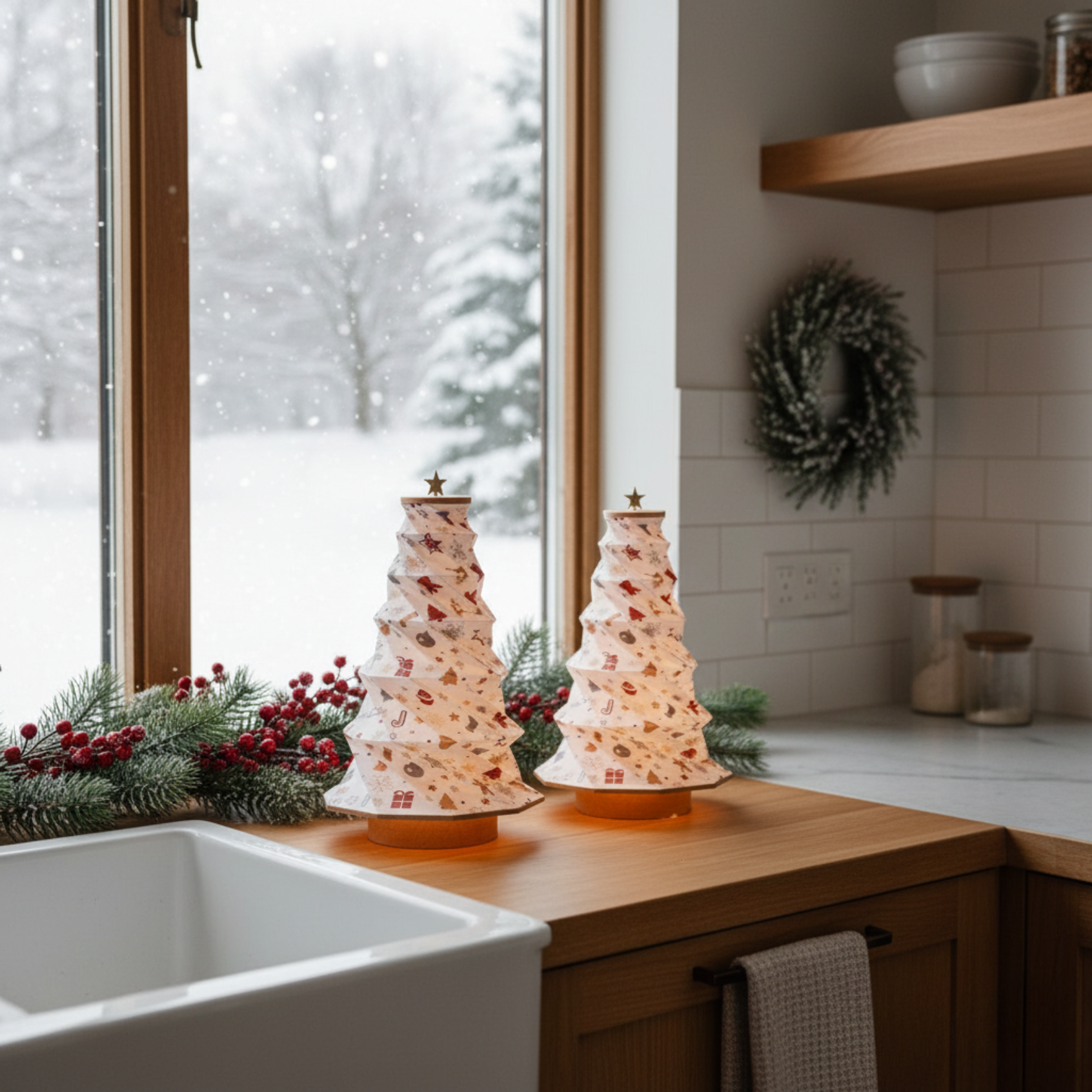 Foldable Tree Lamp in white with decorative patterns, placed on a kitchen counter near a snowy window.