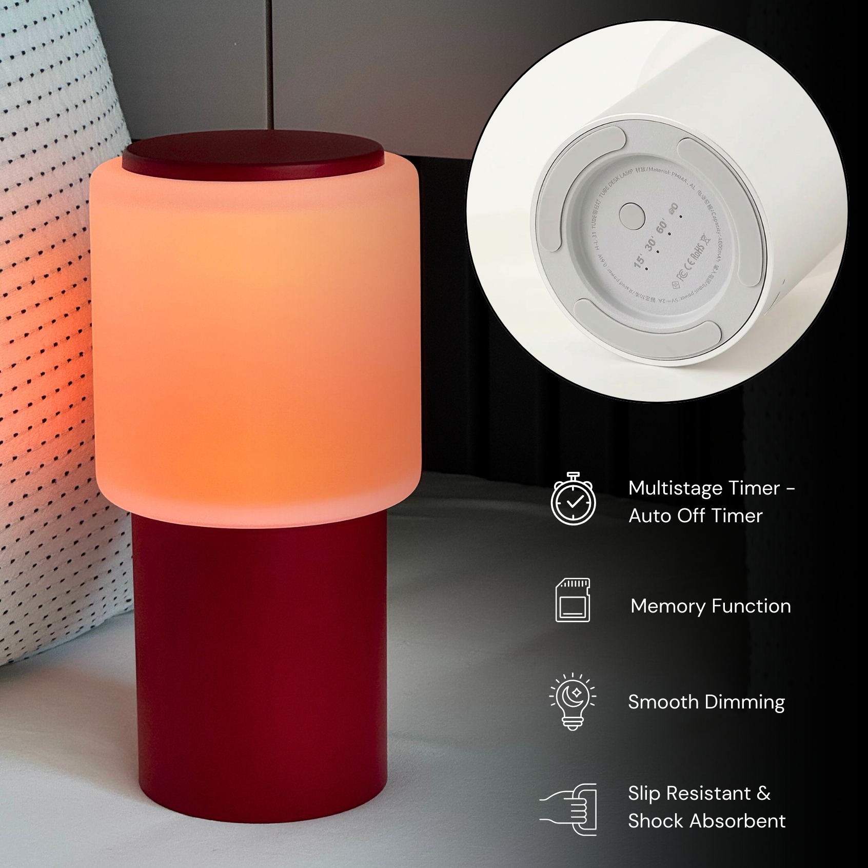 Sole Mio Table Lamp in red matte with a frosted glass shade, featuring multistage timer and smooth dimming.