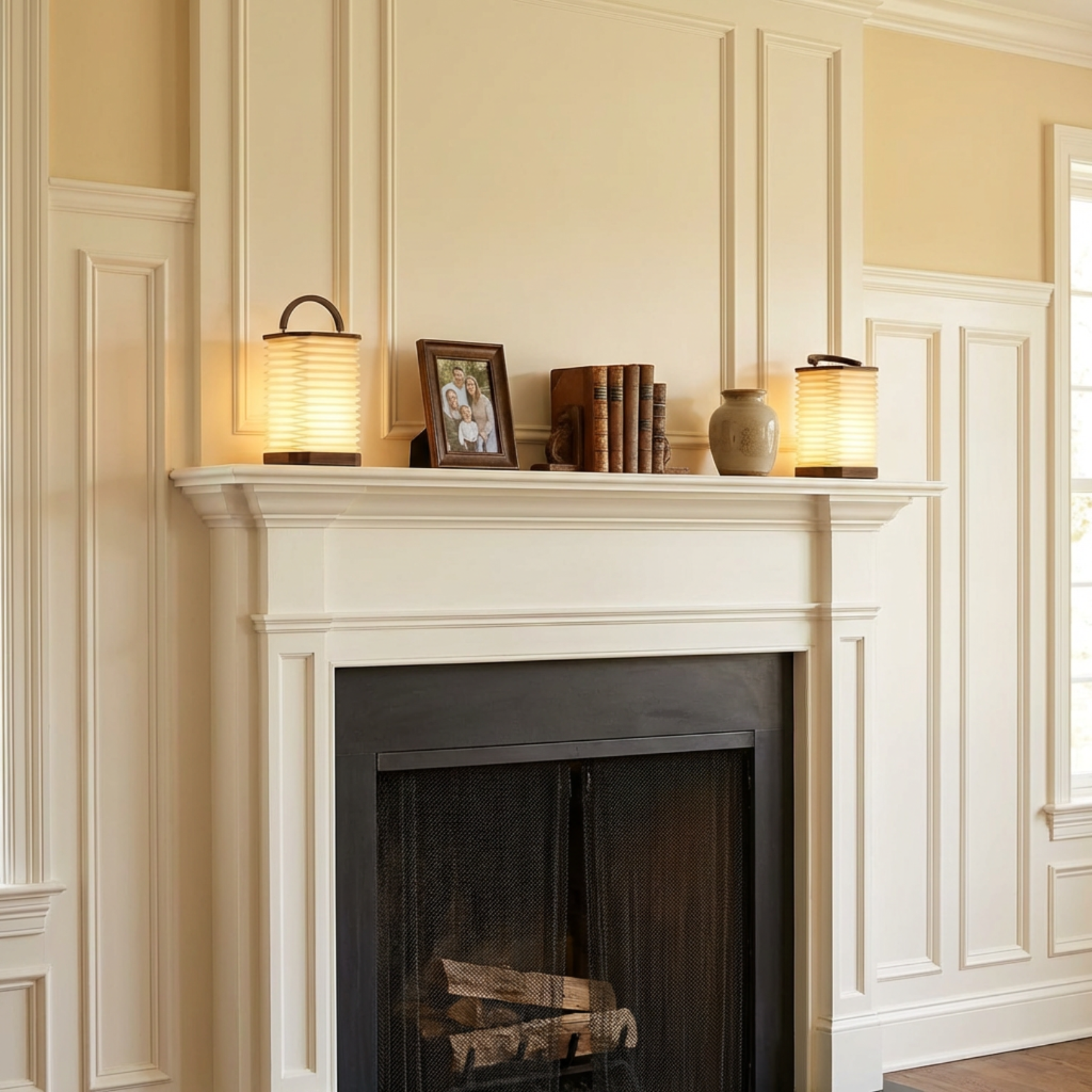 Armonica Table Lamp with a matte white finish, placed on a mantel in a modern interior setting.