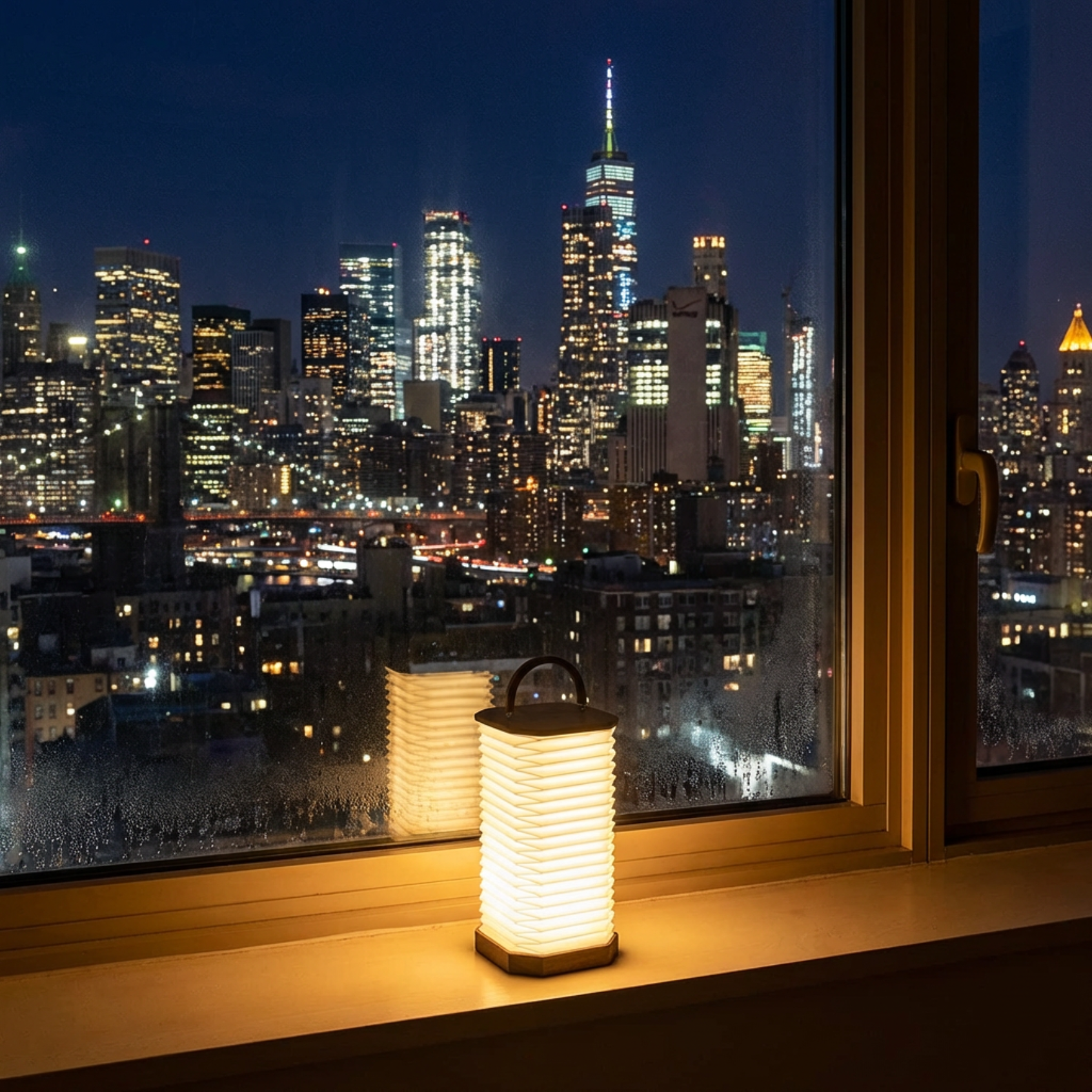 Armonica Table Lamp with a soft glow, placed on a windowsill overlooking a city skyline at night.
