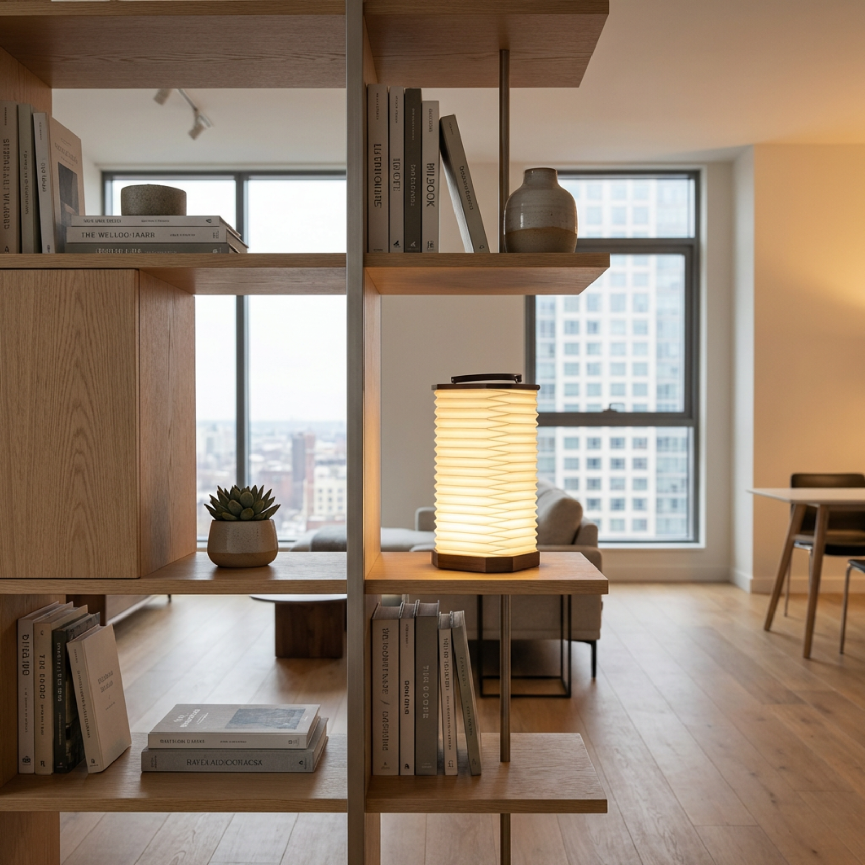 Armonica Table Lamp with a matte white finish, placed on a wooden shelf in a modern interior setting.