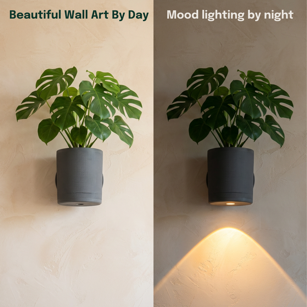 Spotlight Planters Bundle featuring small and large planters with lush green plants, ideal for wall decor and mood lighting.