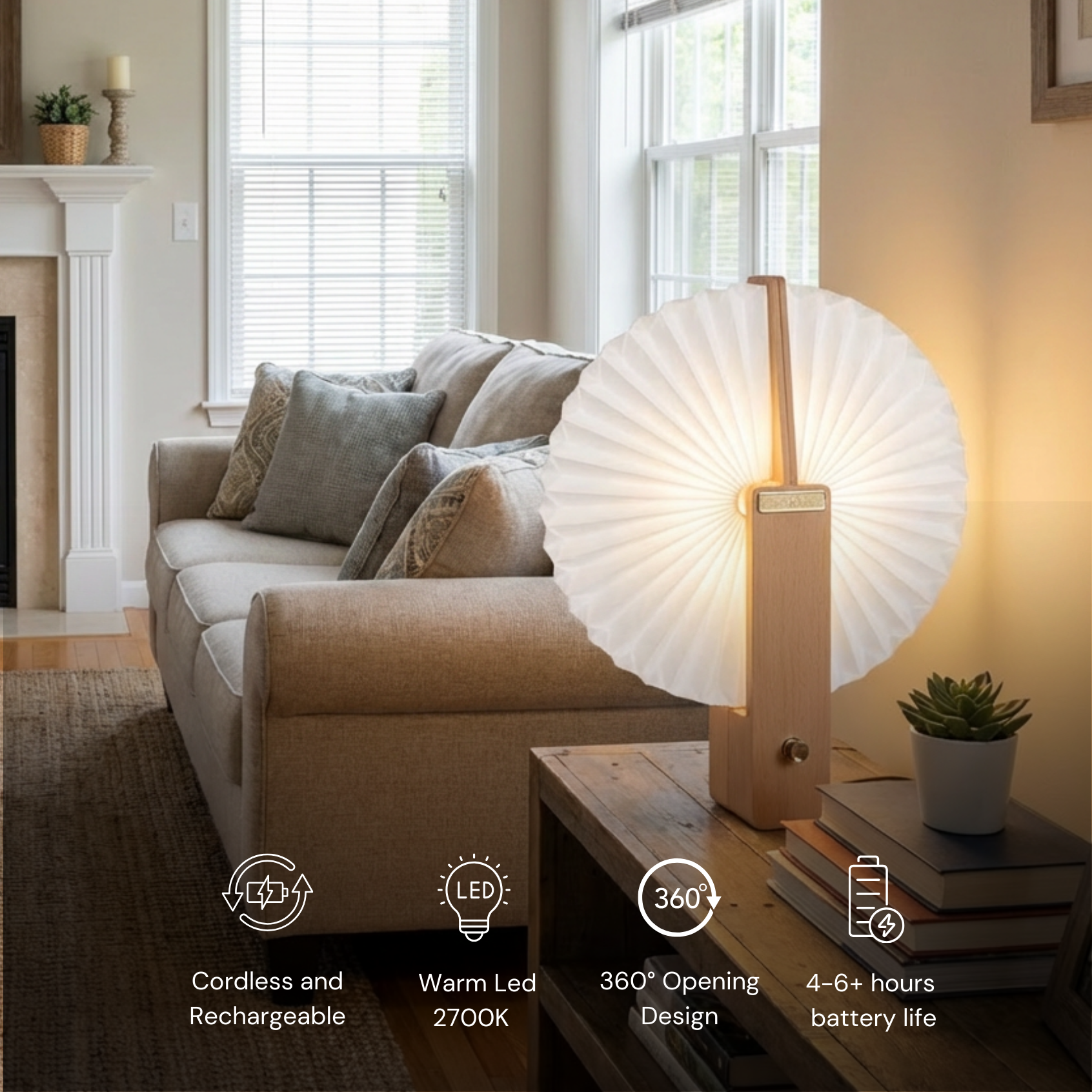 Flora Table Lamp with a warm LED glow and a unique 360° opening design, featuring a white matte shade.