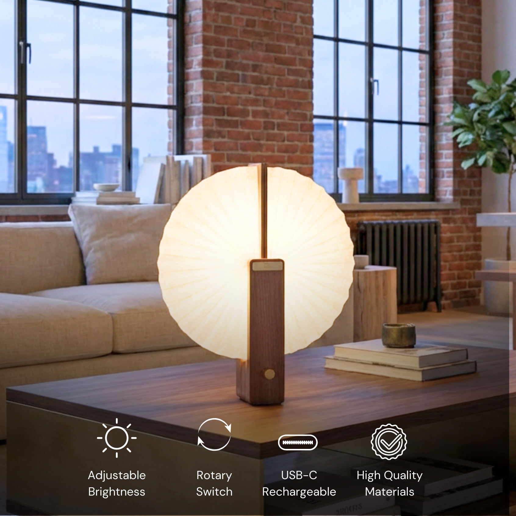 Flora Table Lamp with a matte white shade and wooden base, featuring adjustable brightness and USB-C recharge.