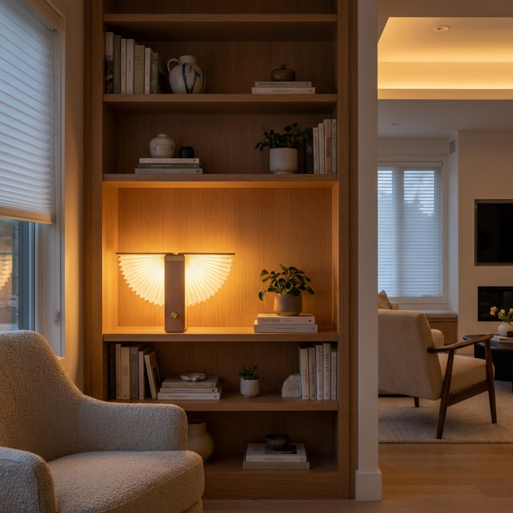 Flora Table Lamp with a matte white finish, illuminating a cozy bookshelf in a modern living space.