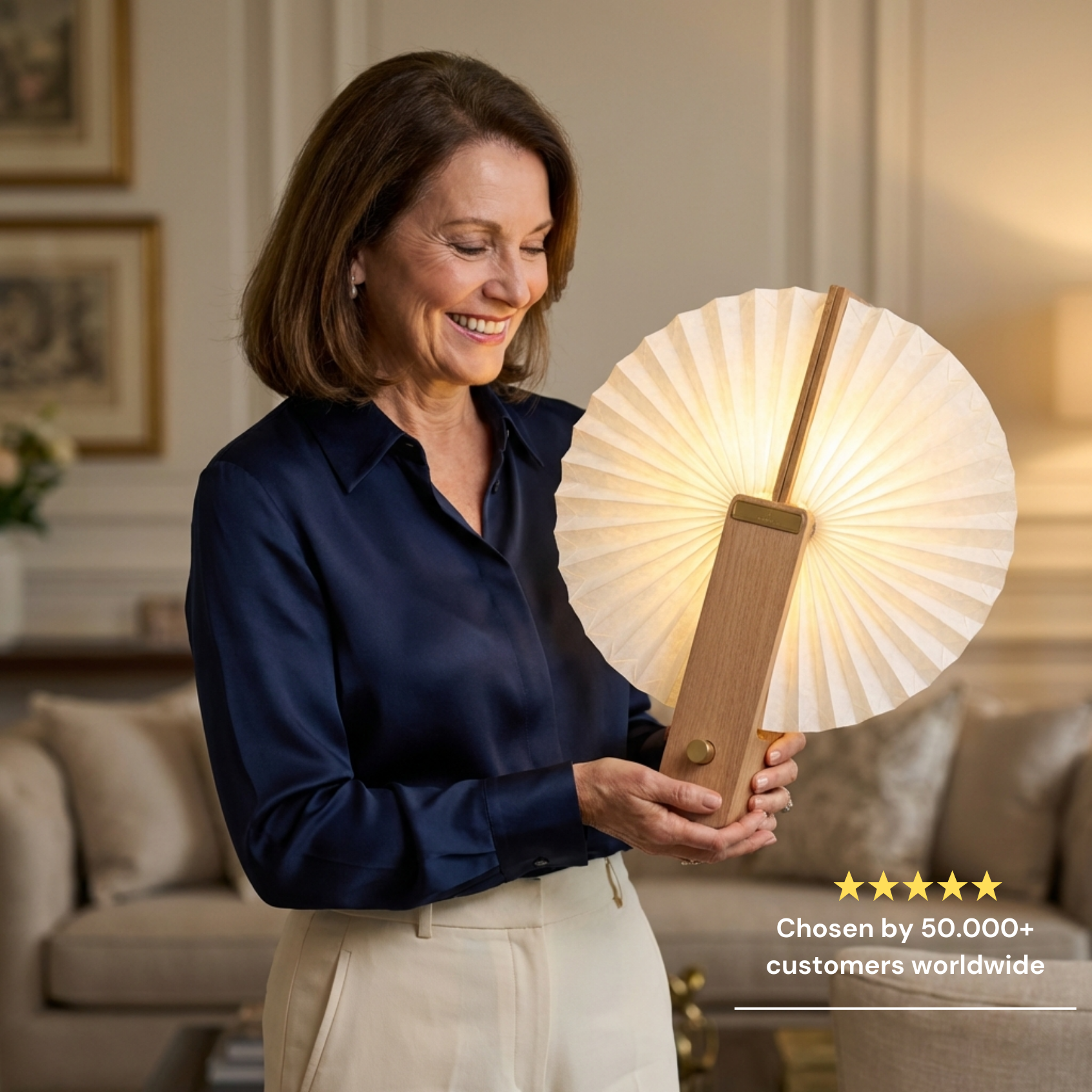 Flora Table Lamp with a unique fan design, featuring a warm glow and a wooden base.