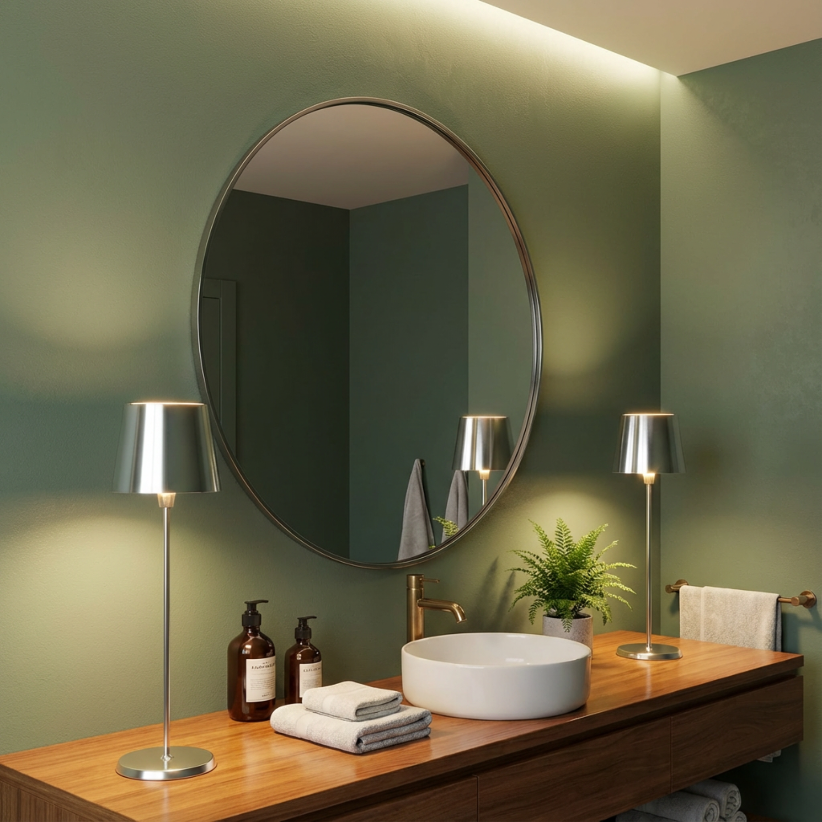 Selene Table Lamp in chrome finish, elegantly placed on a wooden vanity with a round mirror and decorative items.