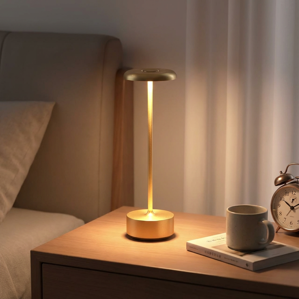 Helia Table Lamp in brushed gold, illuminating a cozy bedroom with soft lighting.