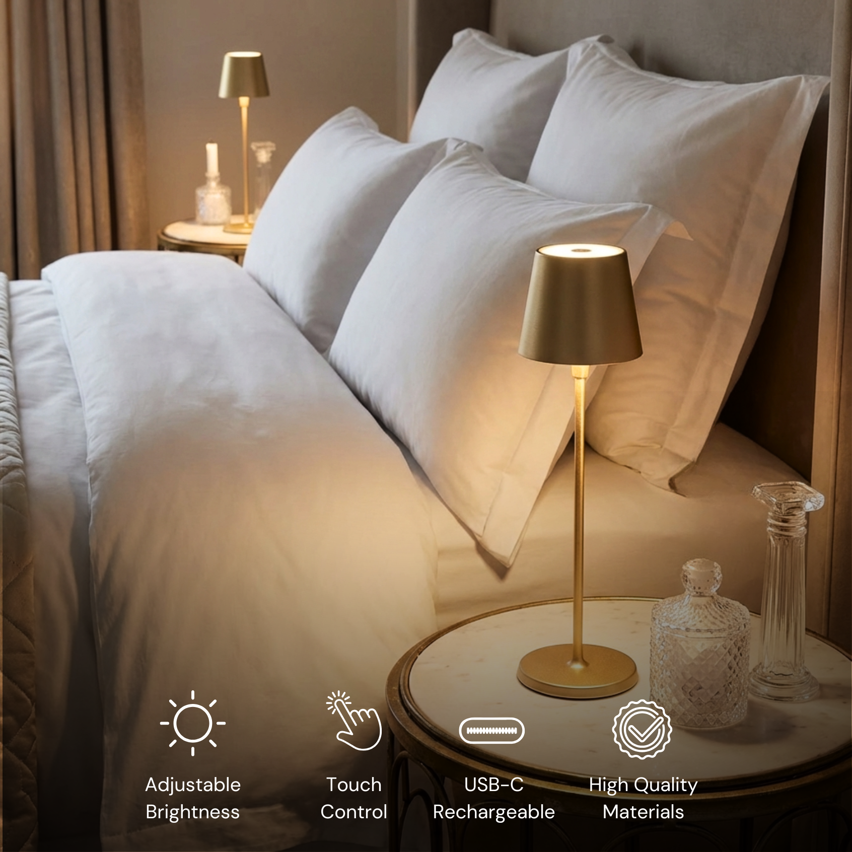 Selene Table Lamp in champagne gold with adjustable brightness and touch control, perfect for bedside use.