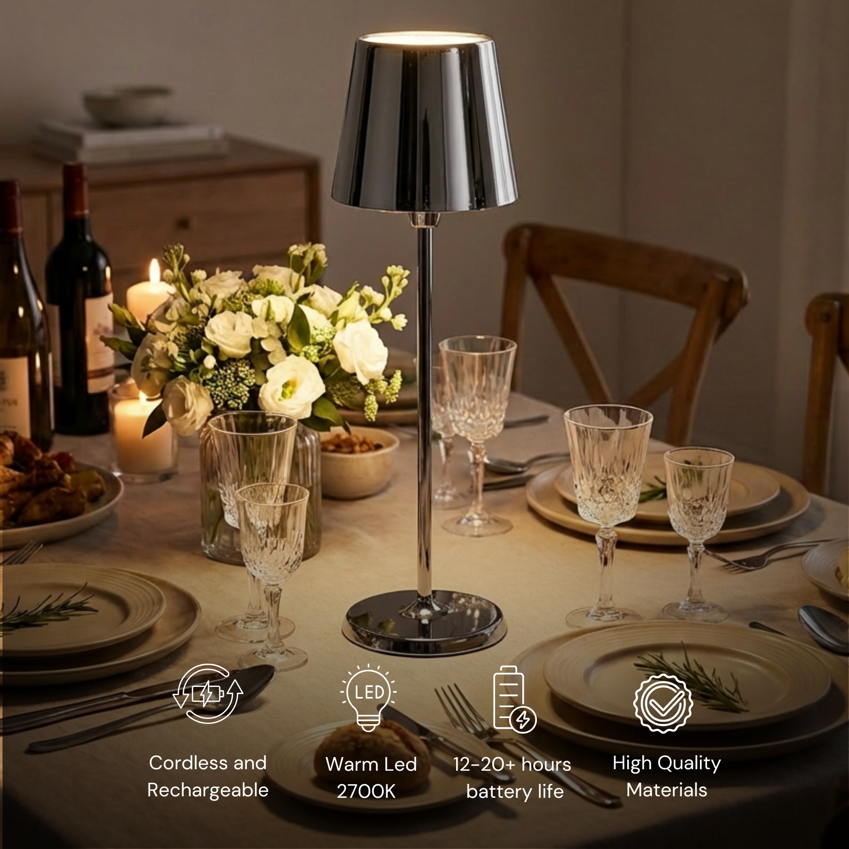 Selene Table Lamp in chrome finish, cordless and rechargeable, perfect for elegant dining settings.