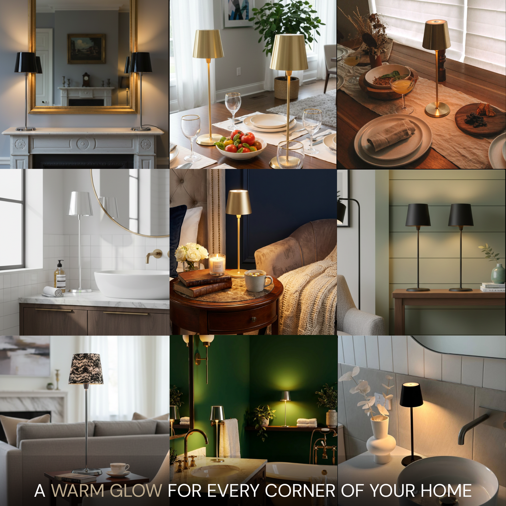 Selene Table Lamp in various settings, showcasing black, champagne gold, and chrome finishes.