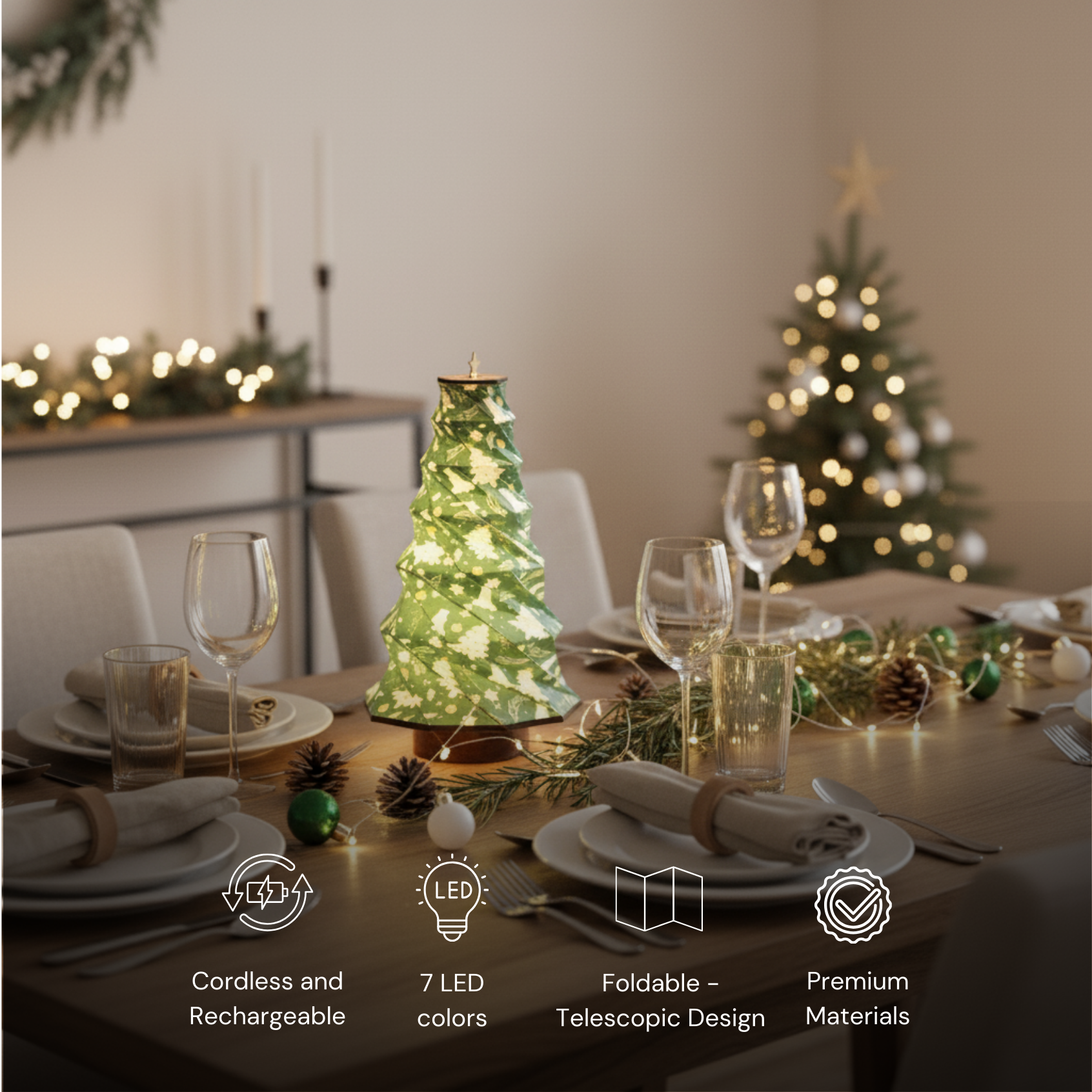 Foldable Tree Lamp in green, features 7 LED colors, cordless and rechargeable, perfect for festive table decor.
