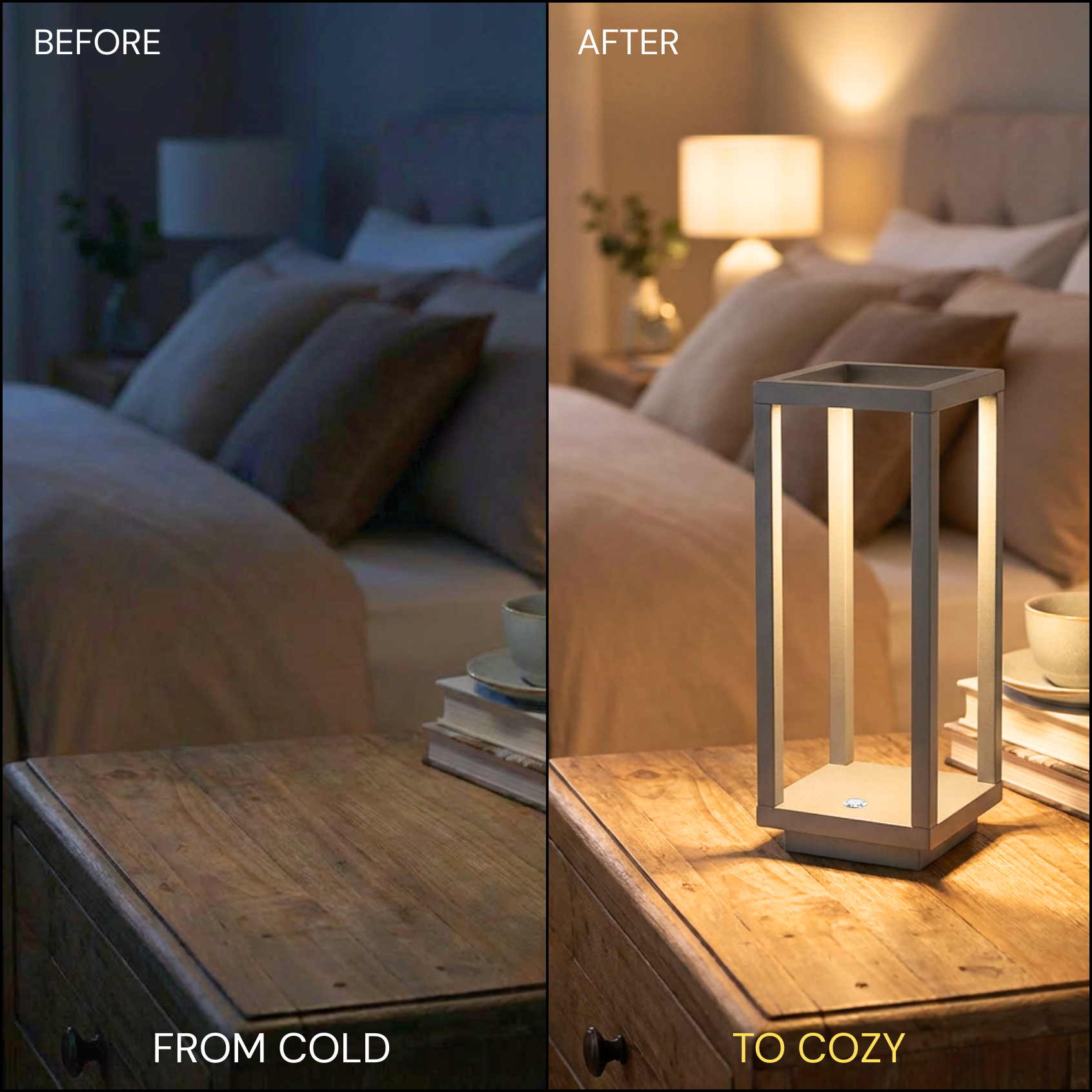 Lucerna Table Lamp in dark grey matte, transitioning from cold to cozy lighting beside a bed.