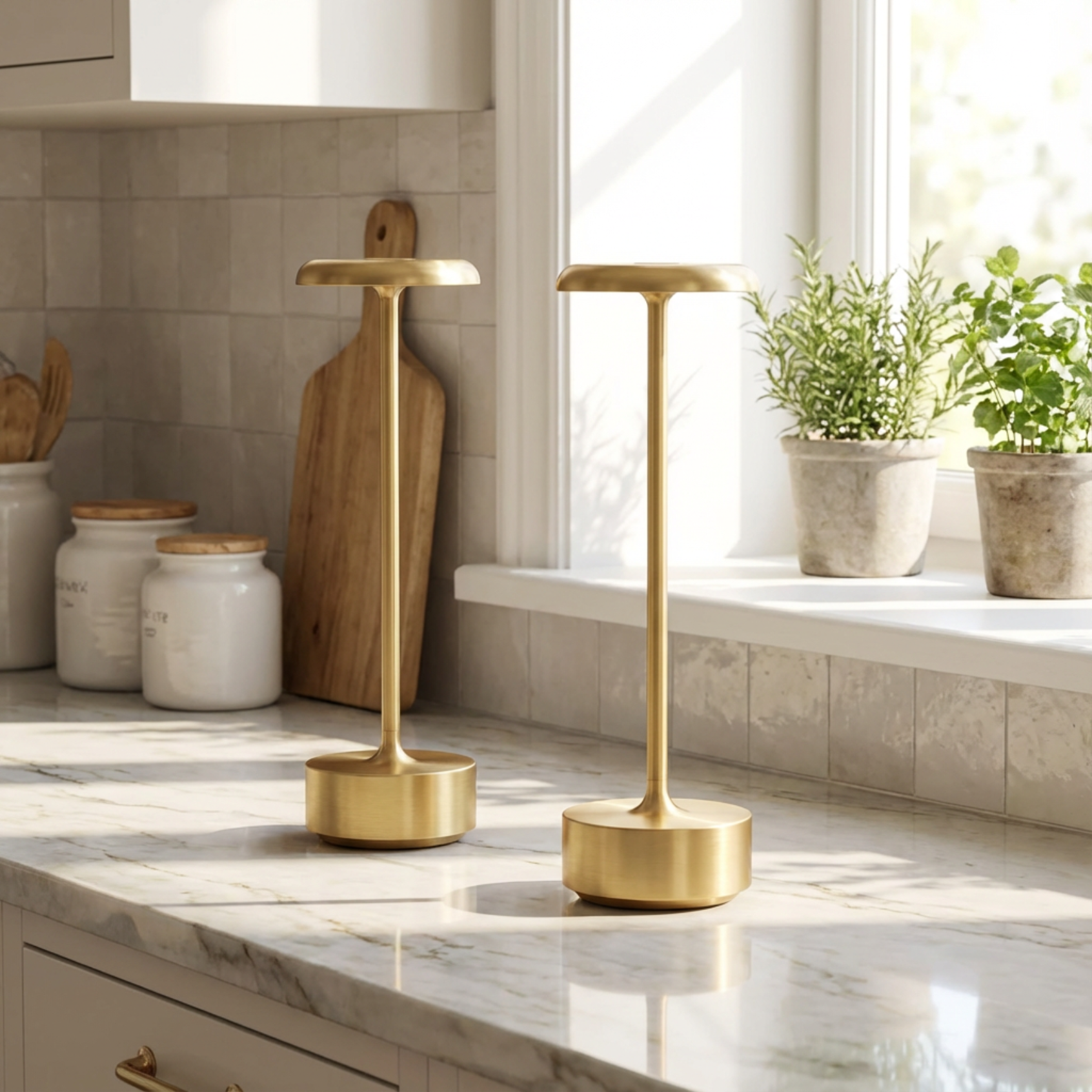 Helia Table Lamp in brushed gold, featuring a sleek design on a marble countertop with plants in the background.