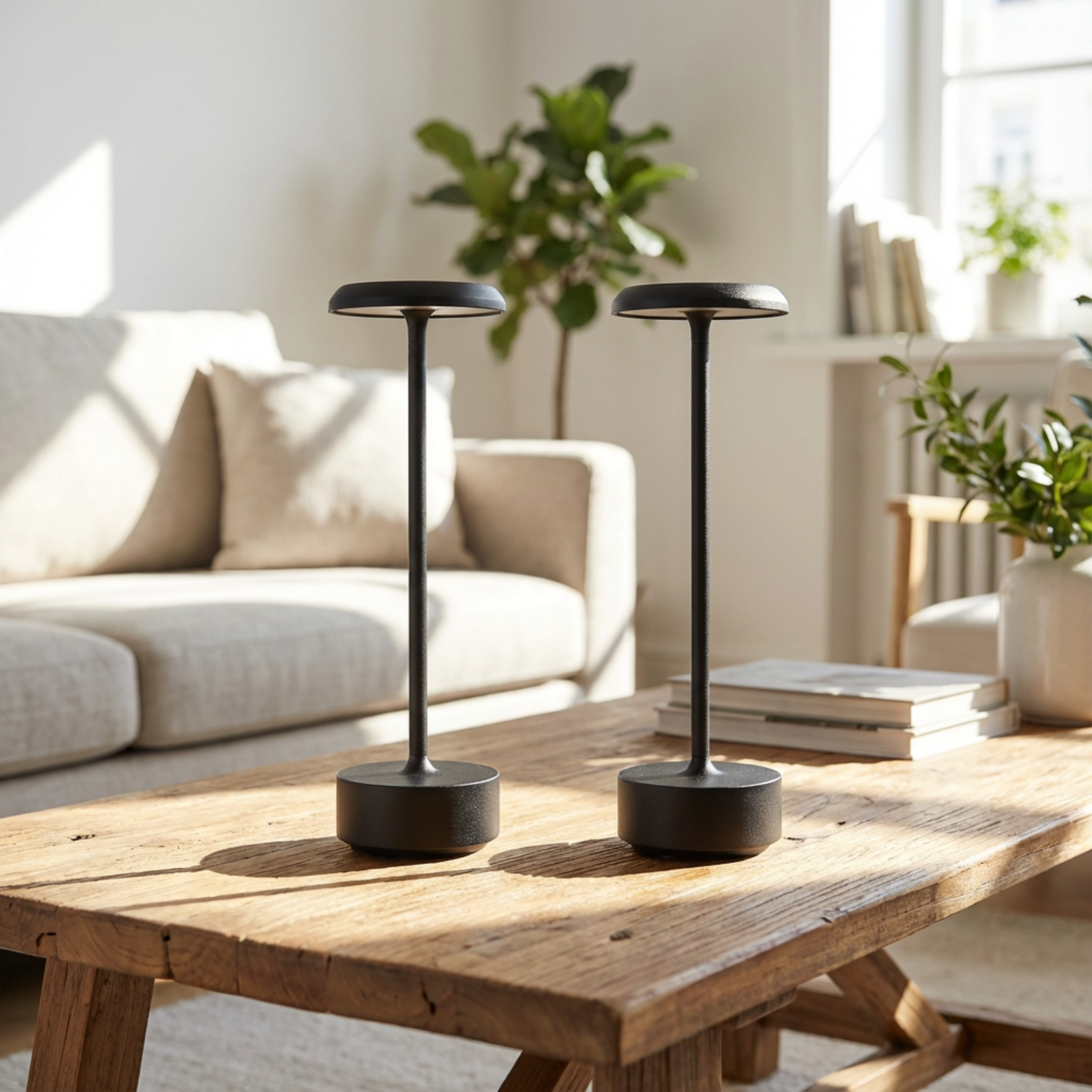 Helia Table Lamp in black with a brushed gold accent, placed on a wooden table in a bright living room.