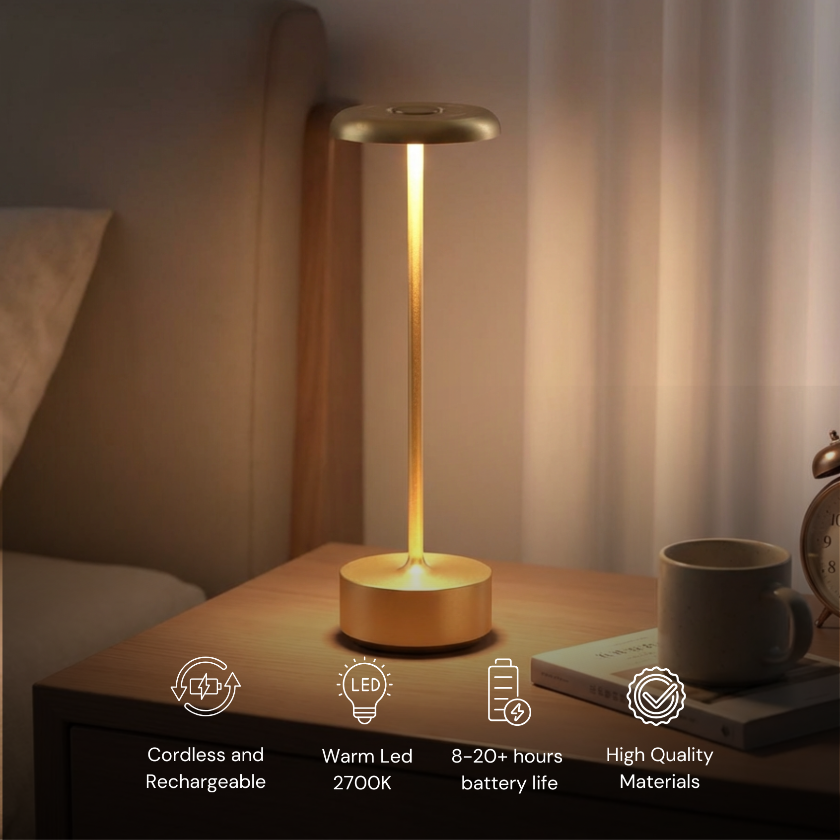 Helia Table Lamp in brushed gold with warm LED light, cordless and rechargeable design.