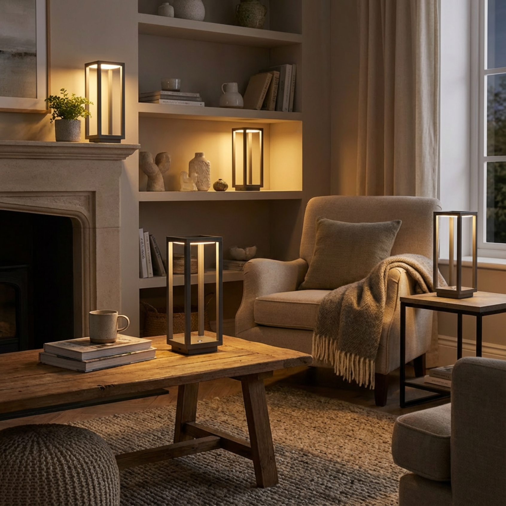 Lucerna Table Lamp in dark grey matte, illuminating a cozy livingroom with soft lighting.