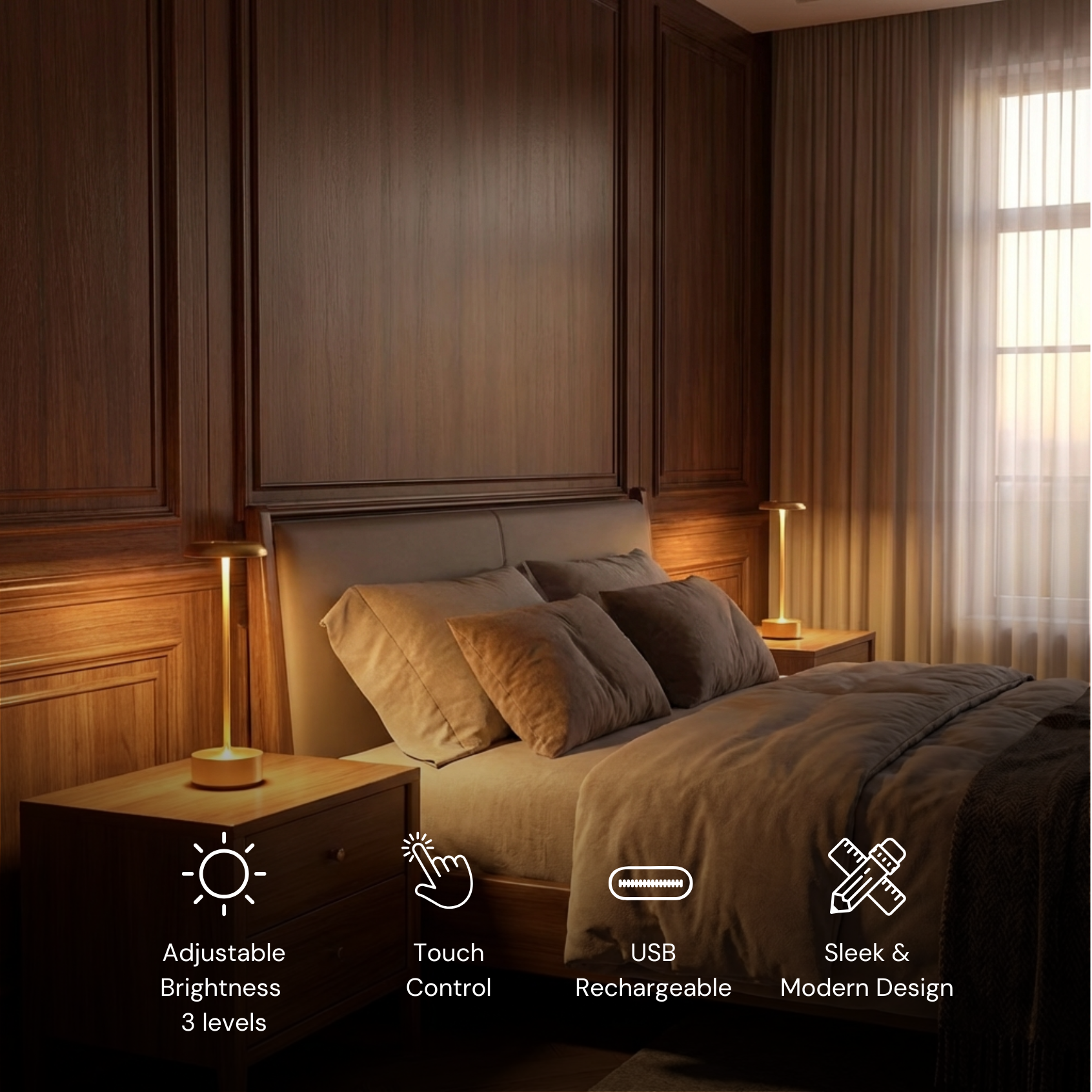 Helia Table Lamp in brushed gold with adjustable brightness and touch control, perfect for modern interiors.