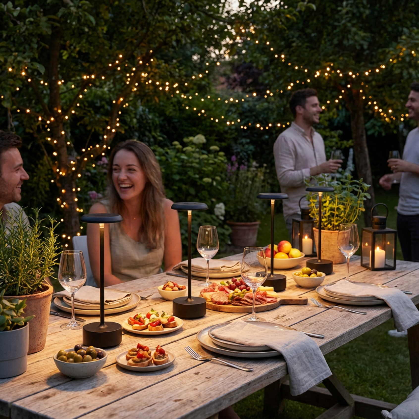 Helia Table Lamp in black matte illuminating a stylish outdoor dining setup.