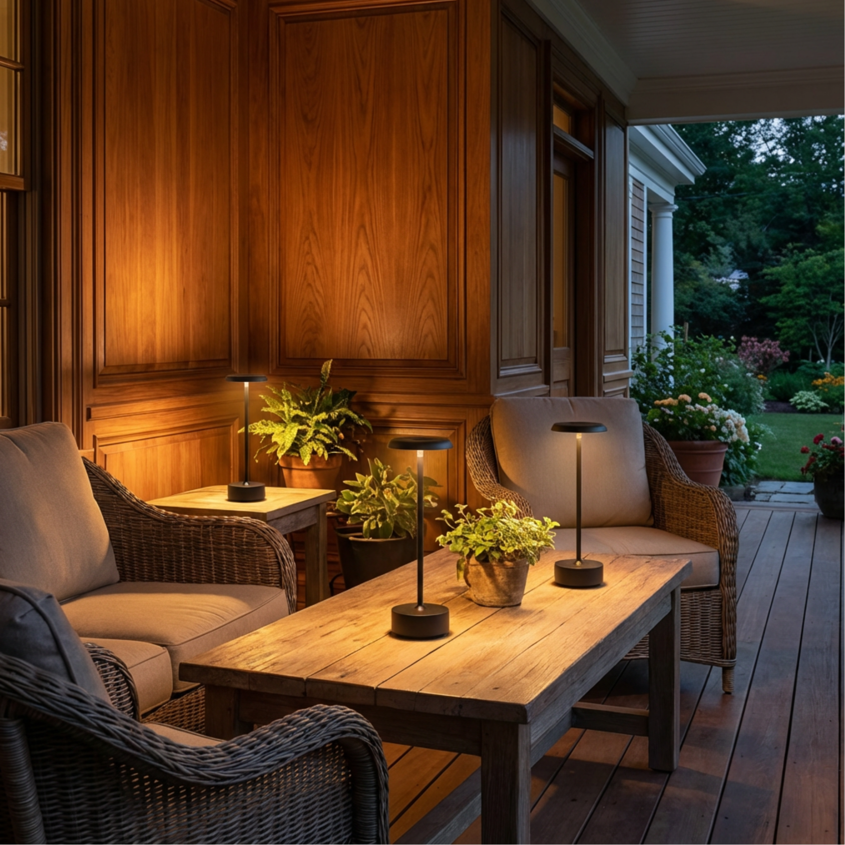 Helia Table Lamp in black matte illuminating a stylish outdoor terrace setup.